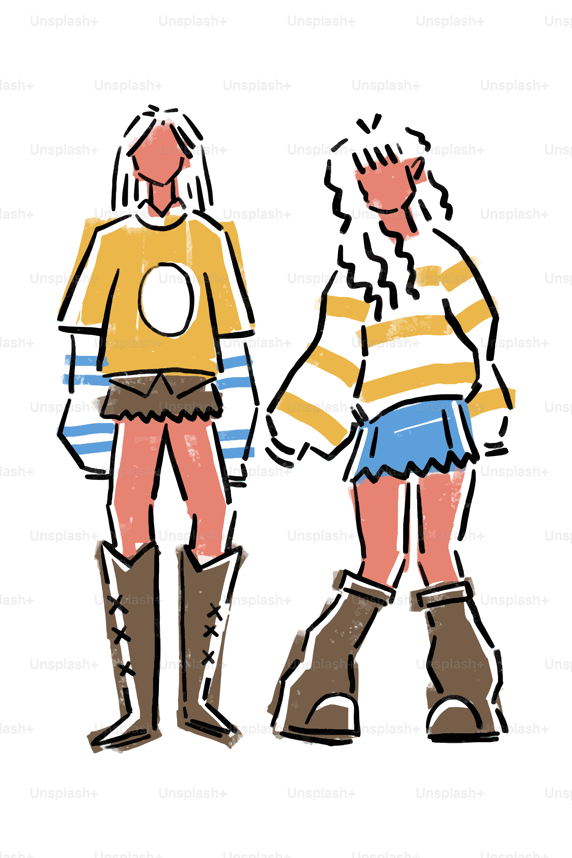 Deux silhouettes stylisées en tenues décontractées et bottes