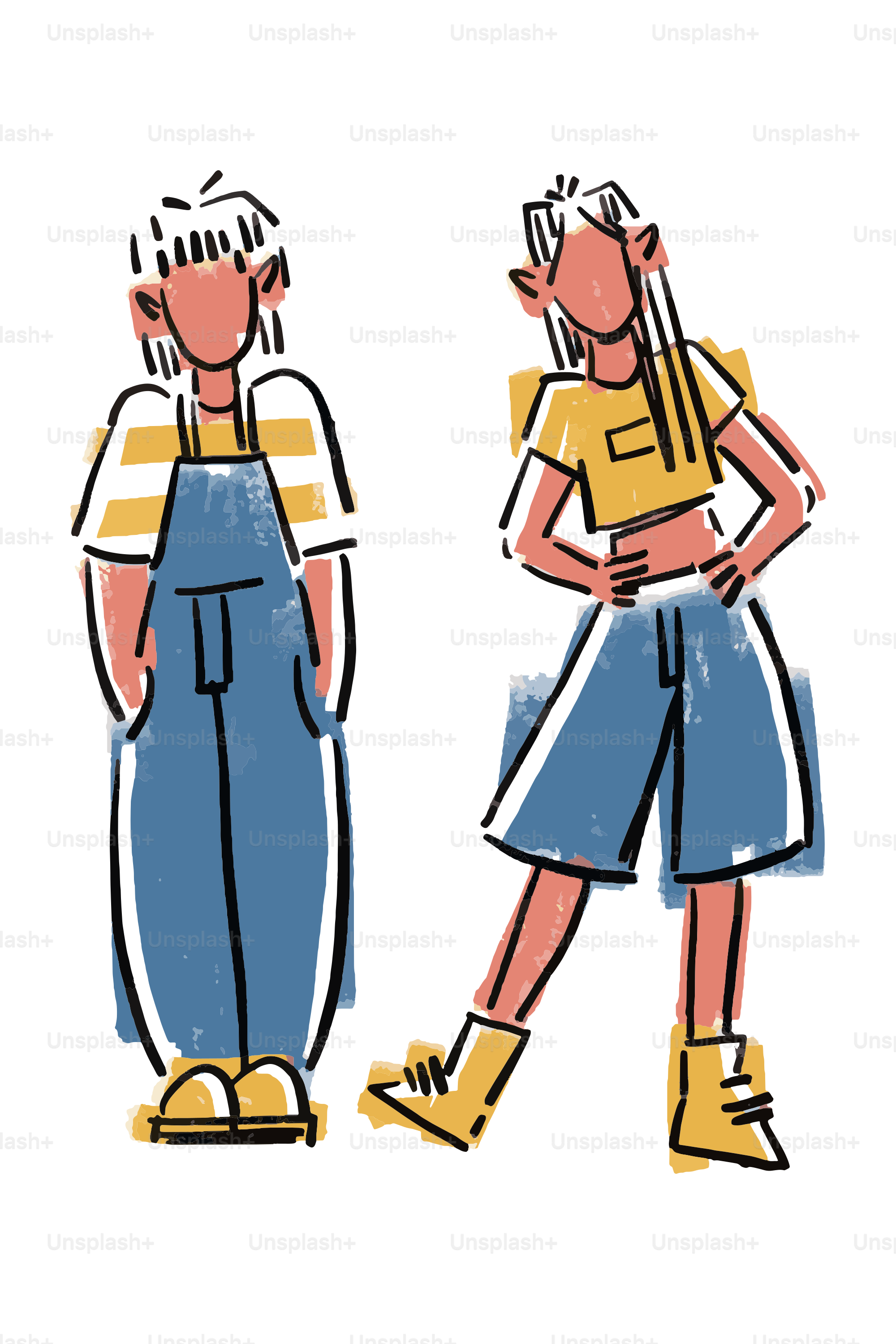 Deux personnages de dessin animé stylisés en tenues décontractées et tendance.