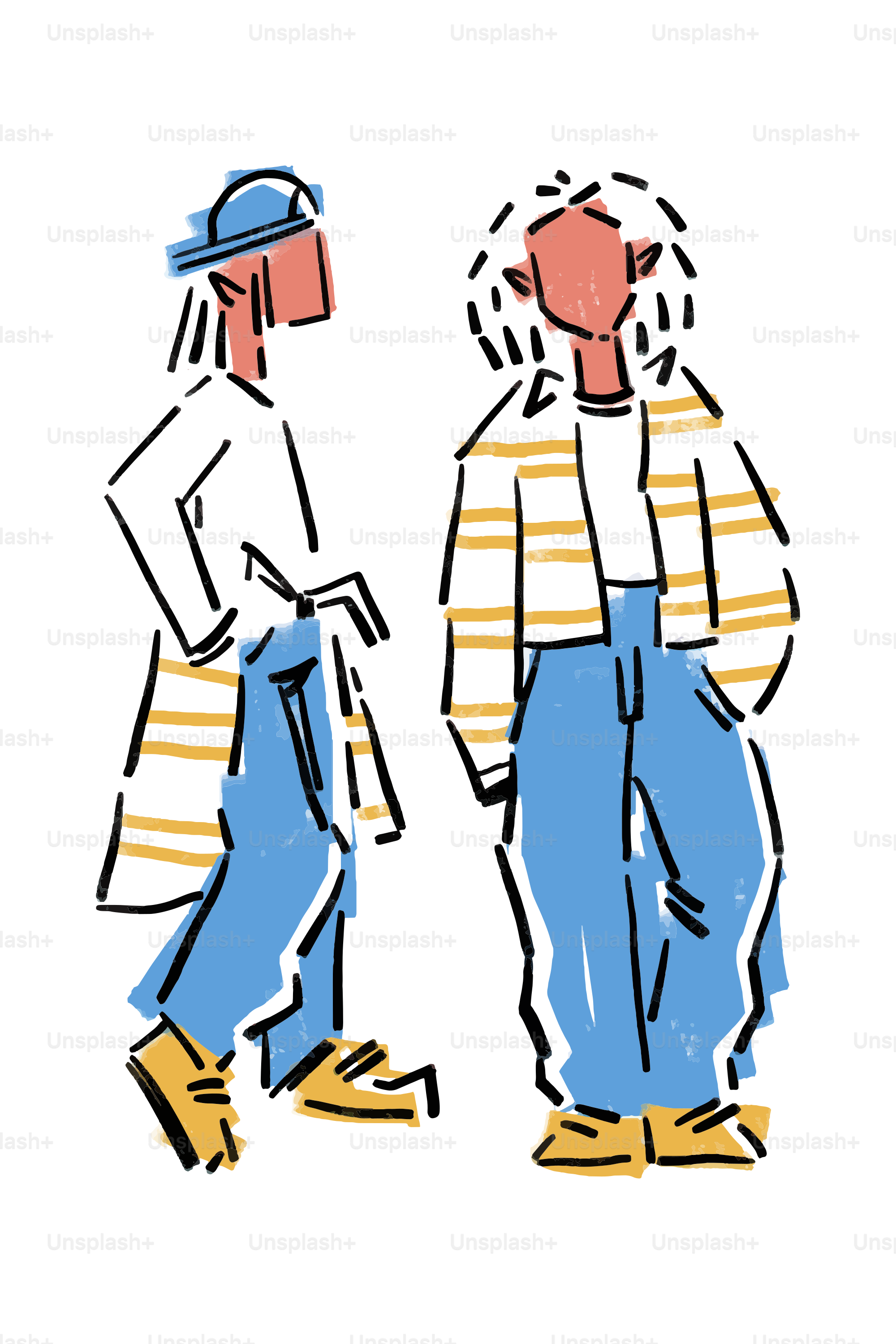 Deux silhouettes stylisées en tenue décontractée se font face.