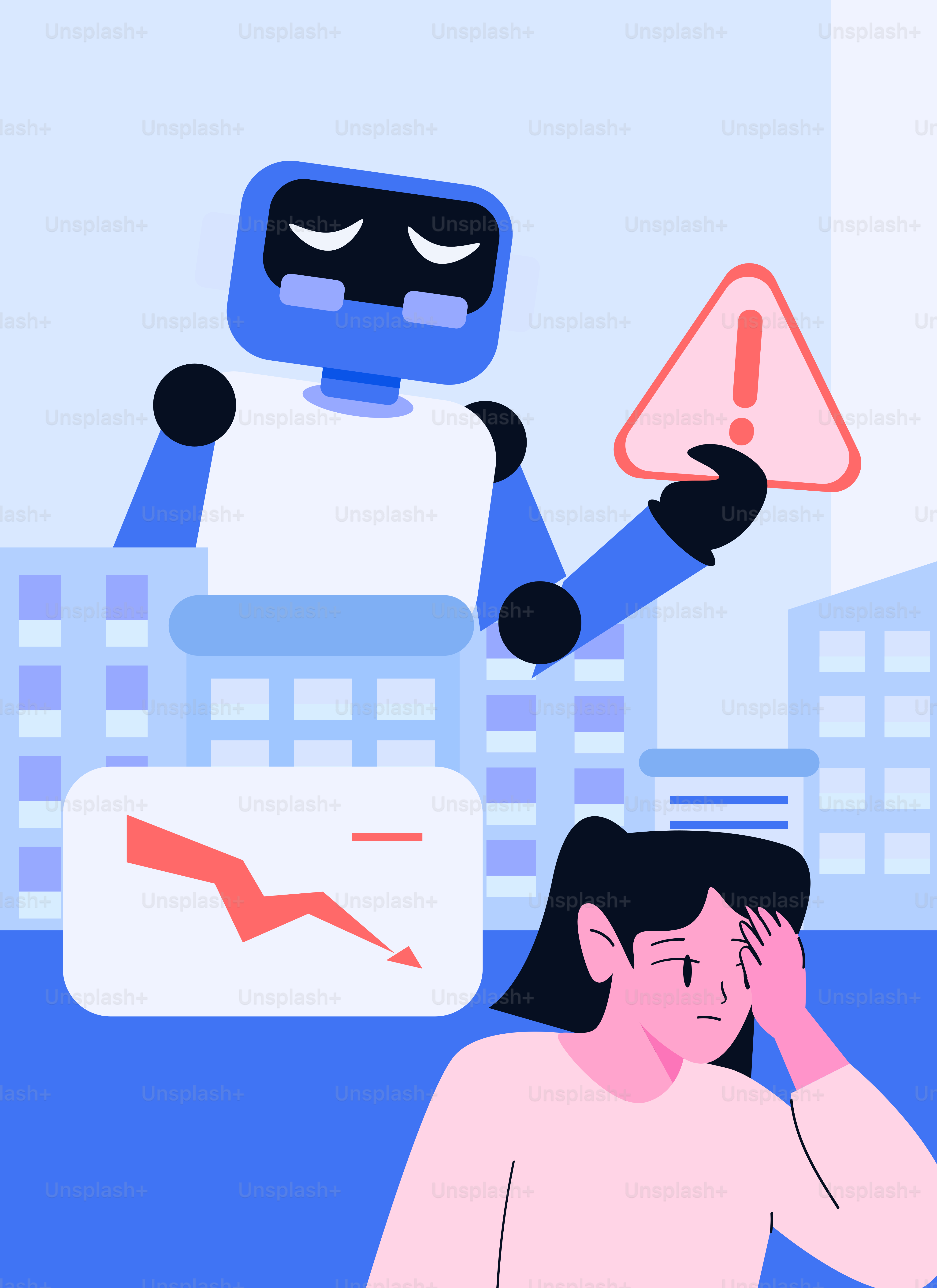 Robot menunjukkan tanda peringatan kepada wanita yang tertekan dengan grafik jatuh.