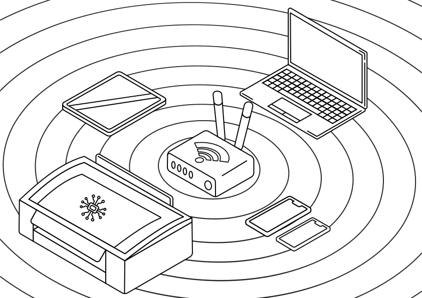Router nirkabel yang menghubungkan laptop, tablet, printer, dan smartphone.
