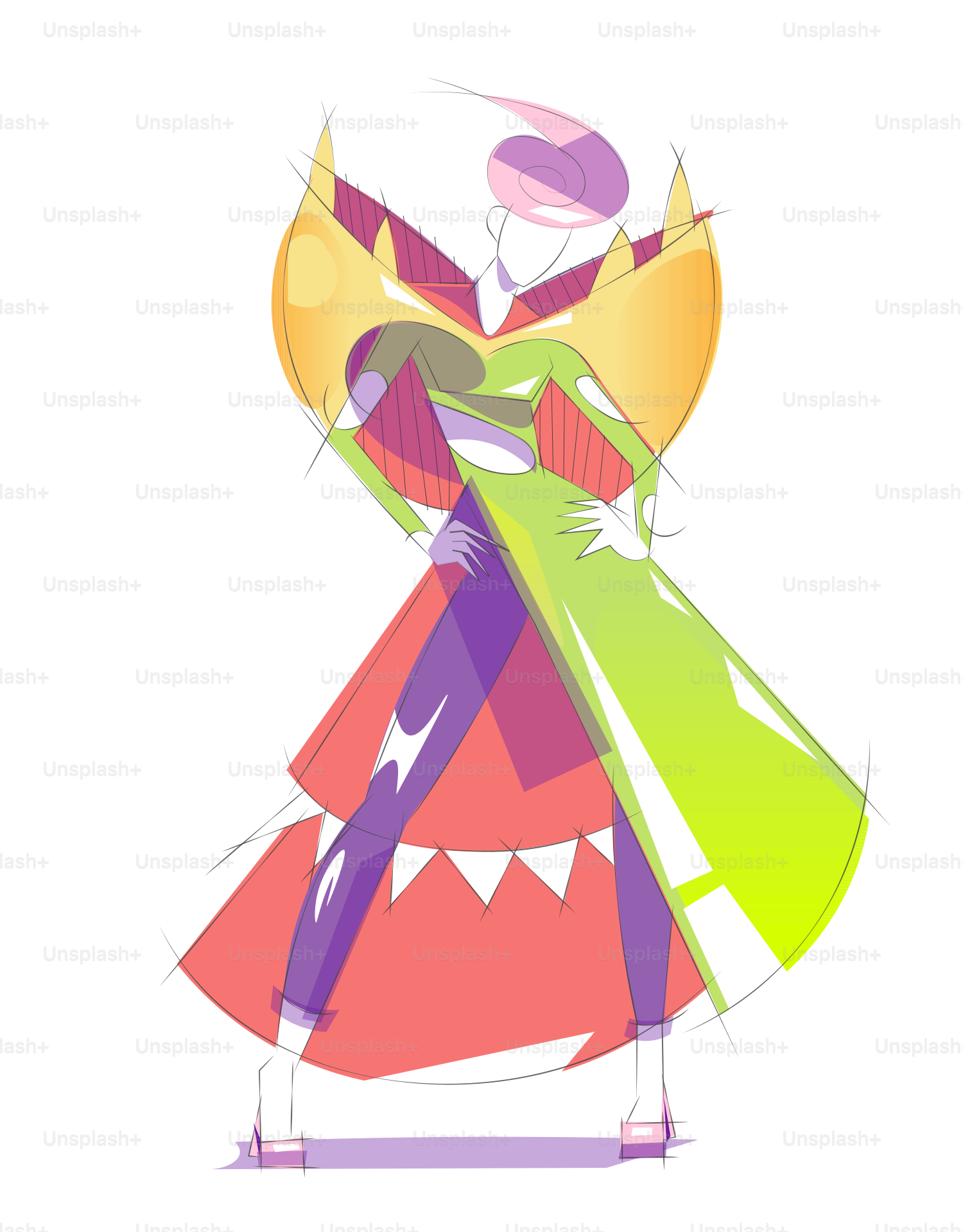 Illustrazione di moda stilizzata con colori vivaci e forme geometriche.