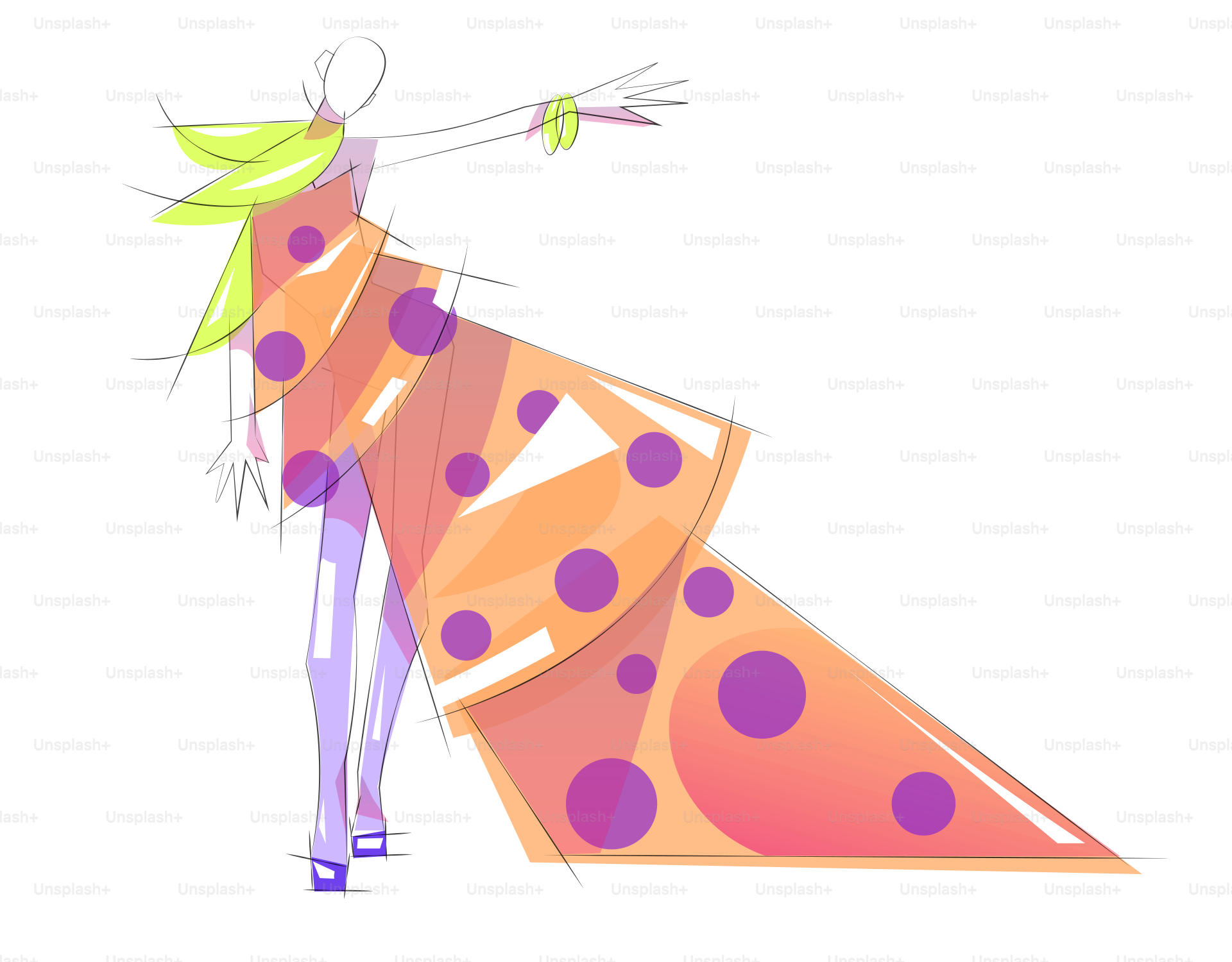 Bozzetta di moda: abito a pois arancioni con lunga strada.