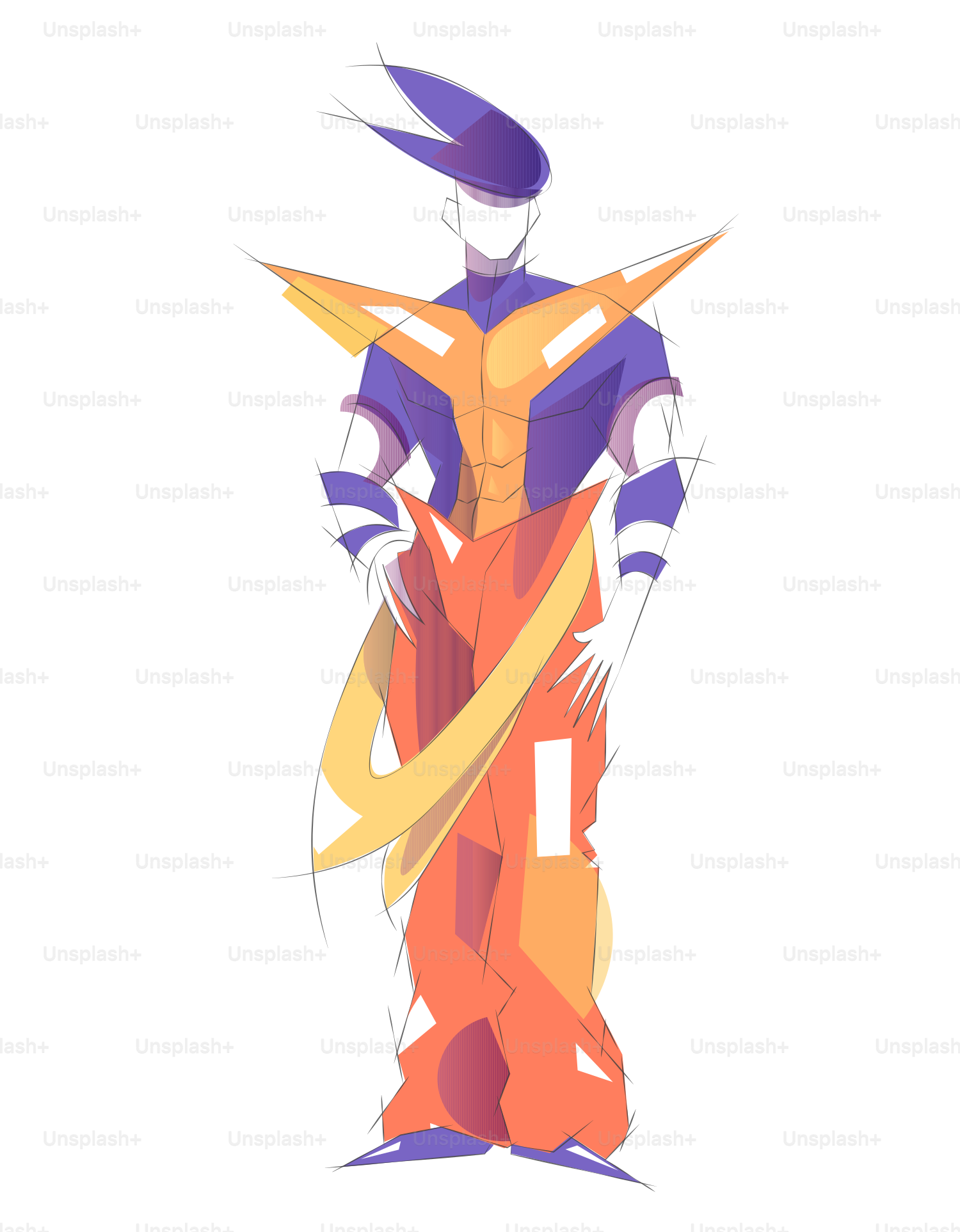 Figura astratta in abiti futuristici viola e arancioni.