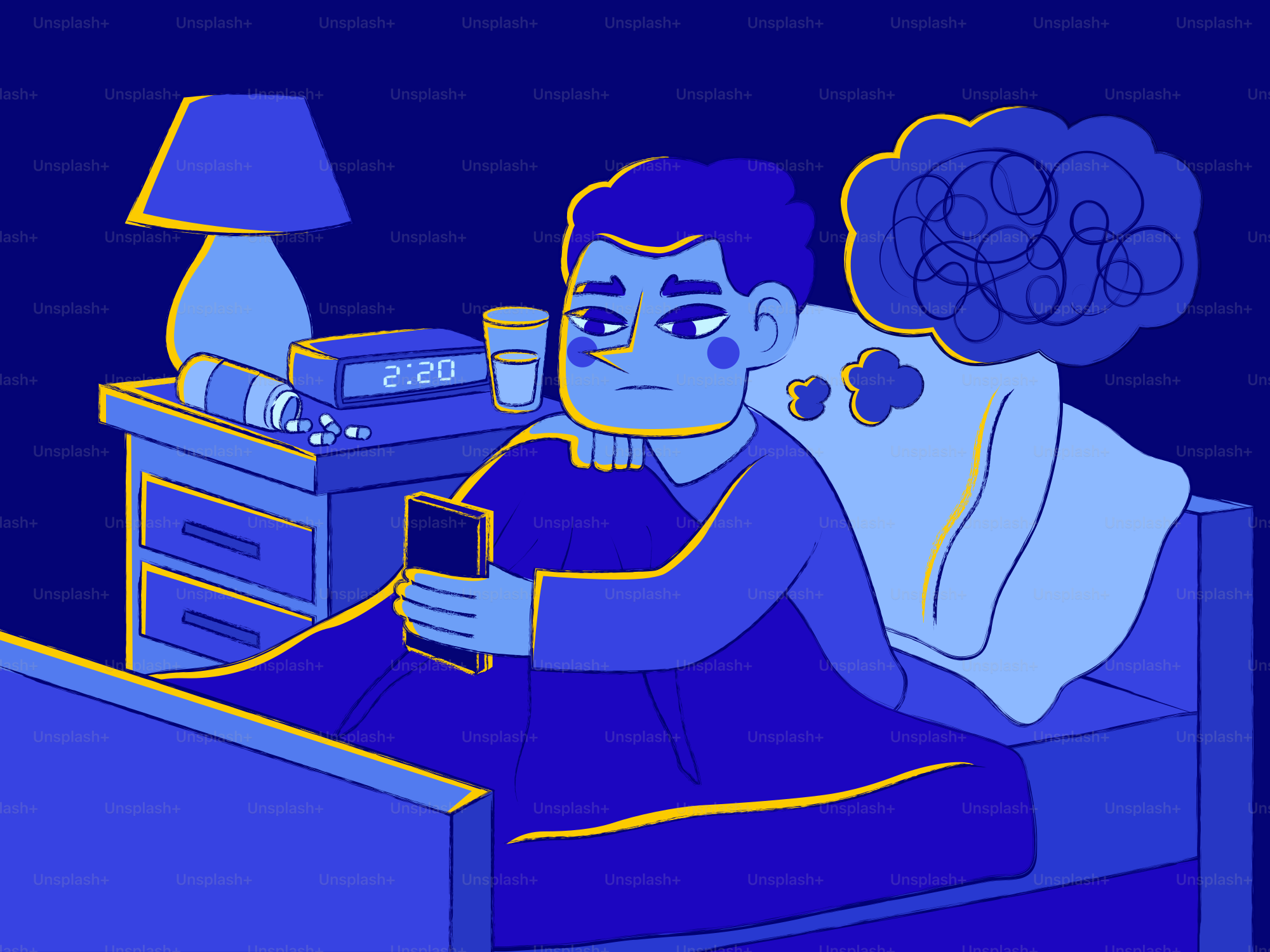 夜ベッドで携帯を抱え、悩んだ思考に悩まされる男。