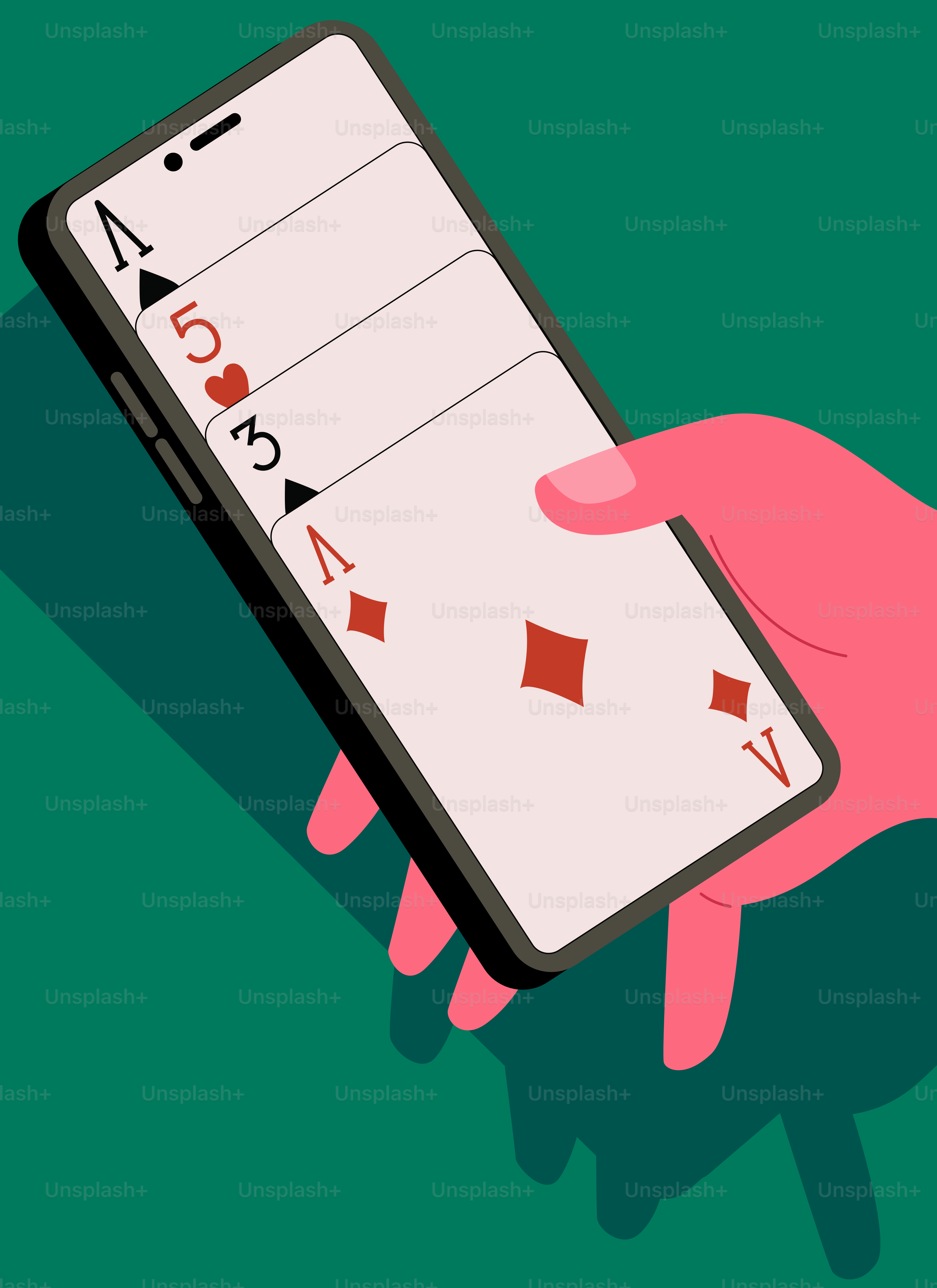Smartphone che porta in mano e mostra carte da gioco