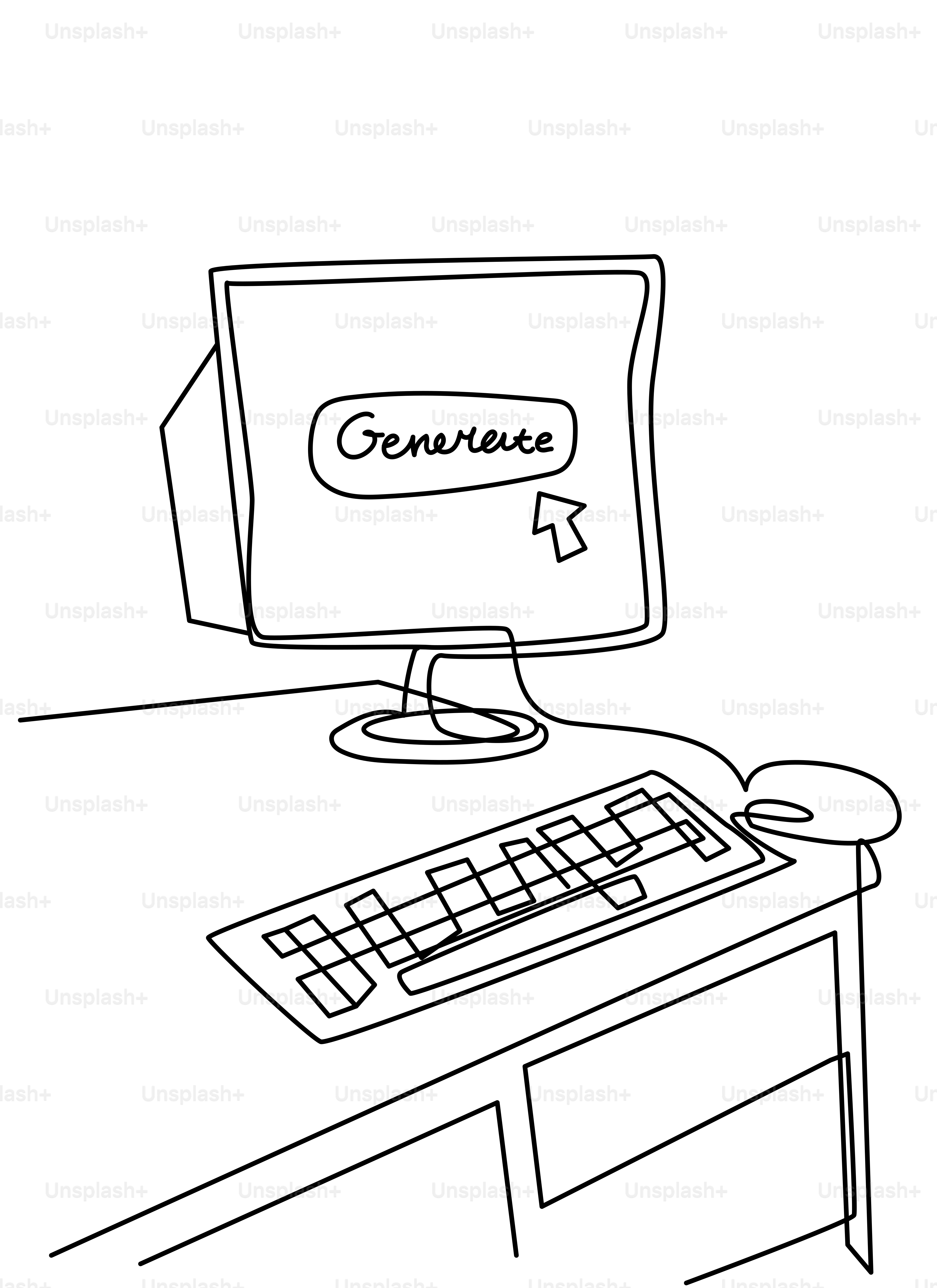 Lineart minimalista di un computer con il pulsante "genera".