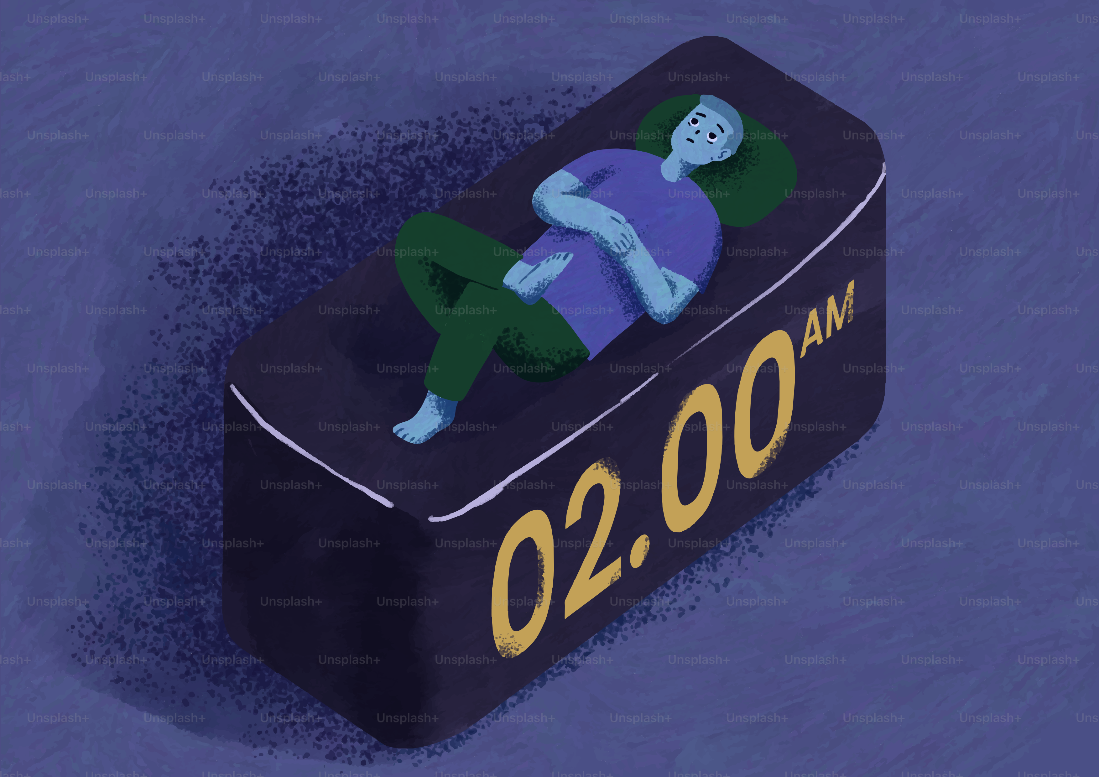 Eine Person, die auf einer Uhr liegt, die 02:00 Uhr anzeigt.