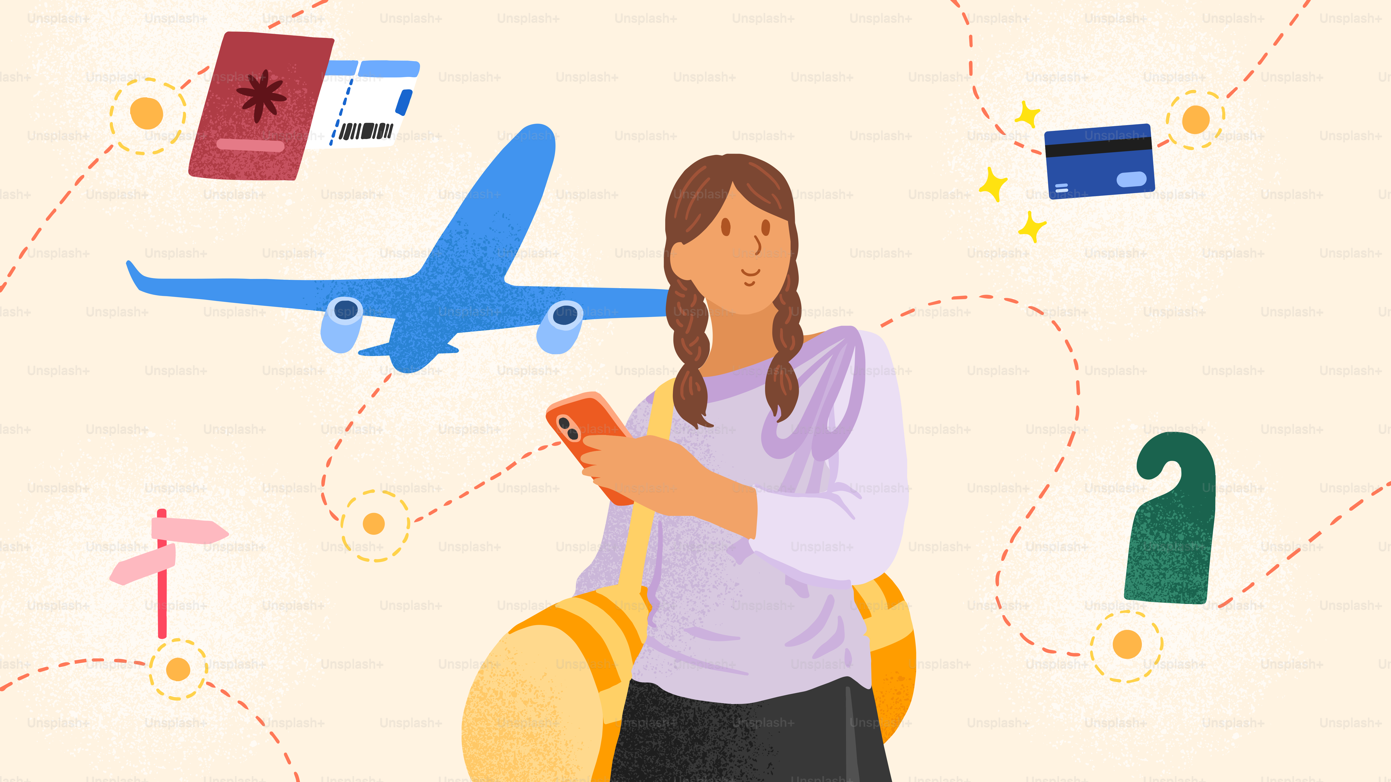 Woman holding phone, surrounded by travel planning elements.