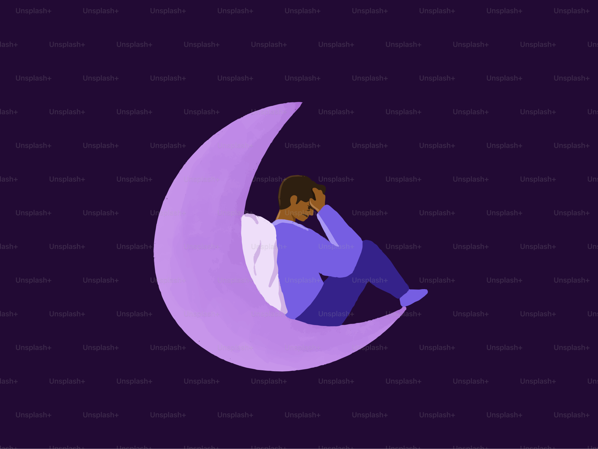 Une personne triste assise sur un croissant de lune violette.
