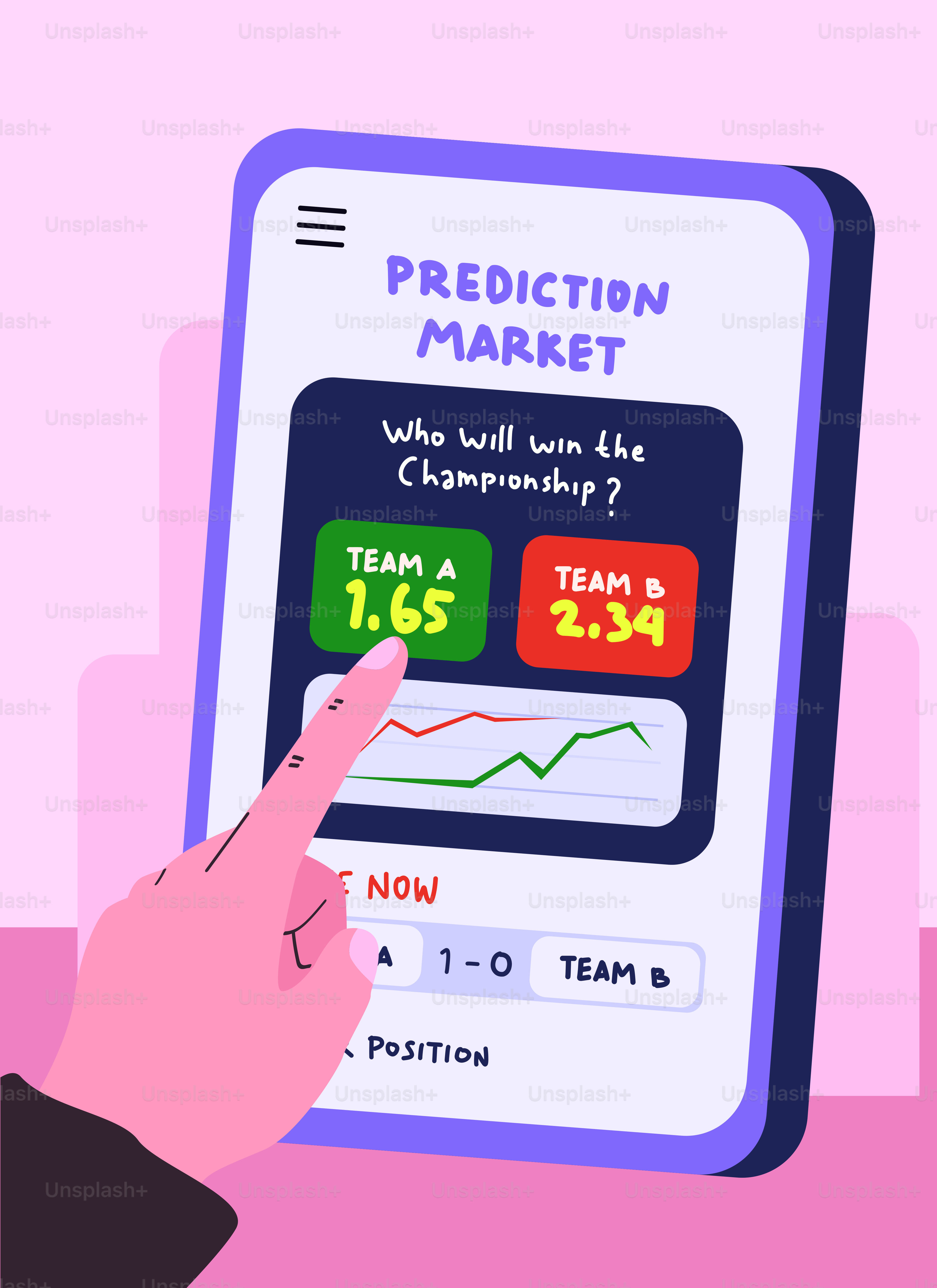Berinteraksi tangan dengan aplikasi pasar prediksi seluler.