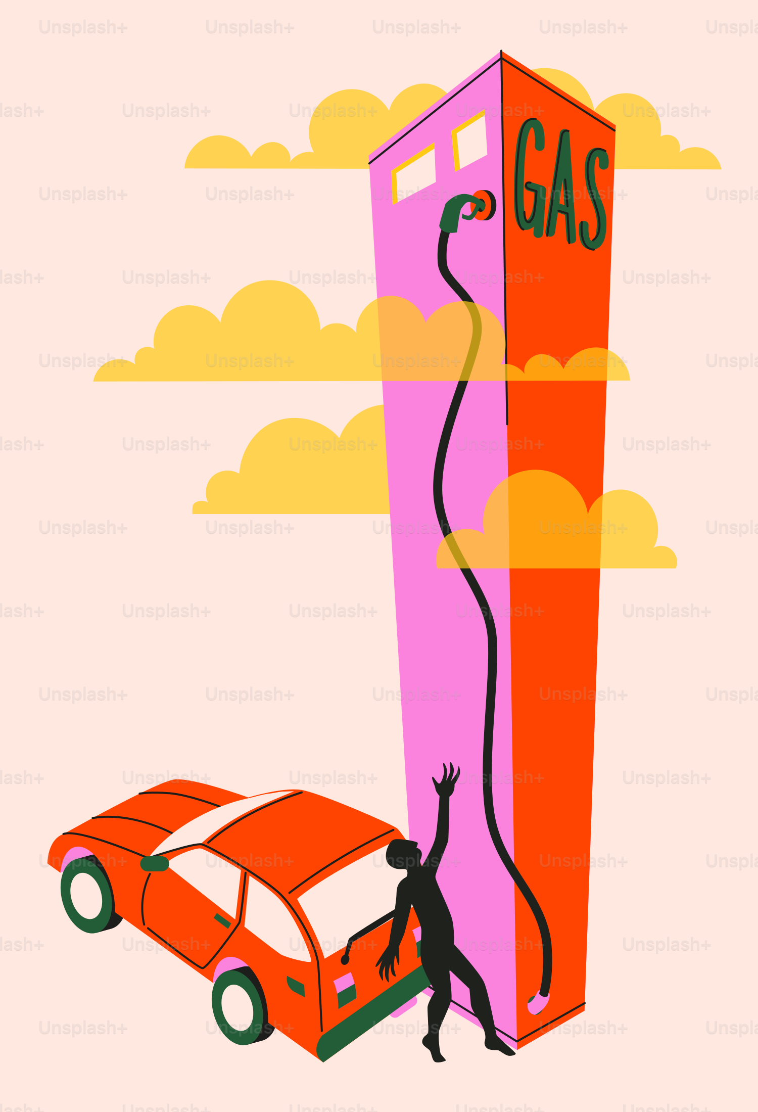 Hombre intentando coger la manguera de la bomba de gasolina para el coche naranja