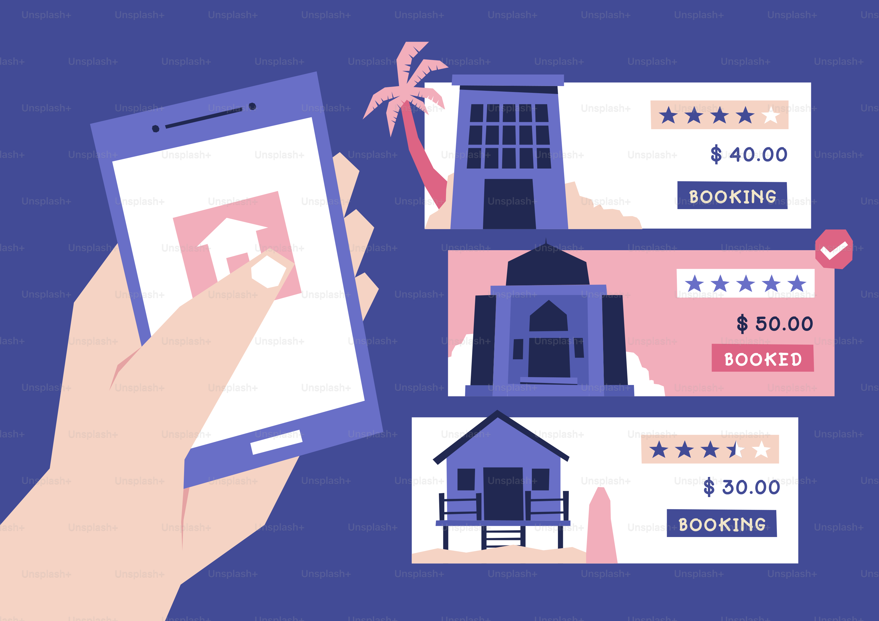 Tangan menggunakan smartphone untuk memesan berbagai akomodasi secara online.