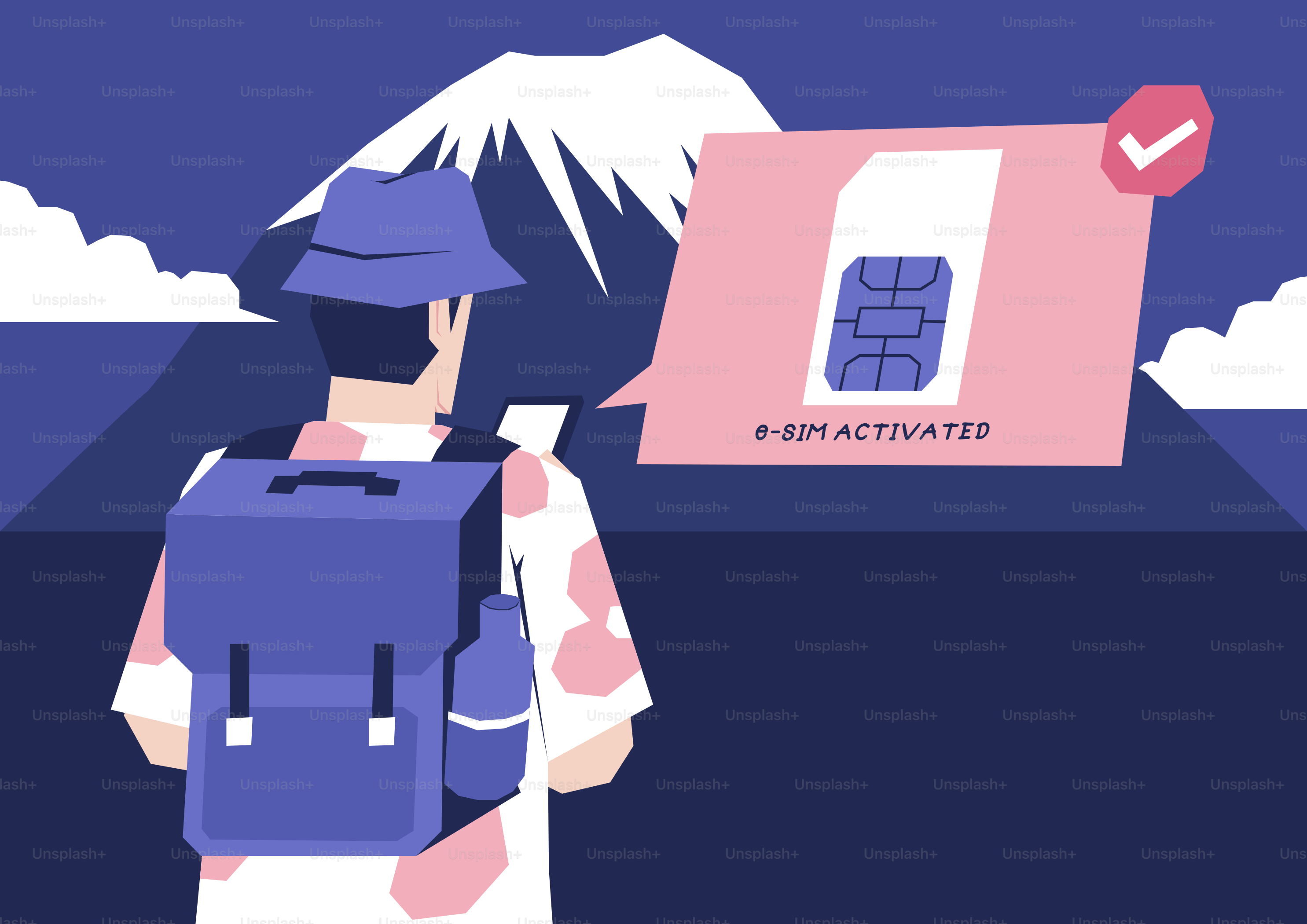 Wisatawan dengan ransel dan notifikasi esim yang diaktifkan