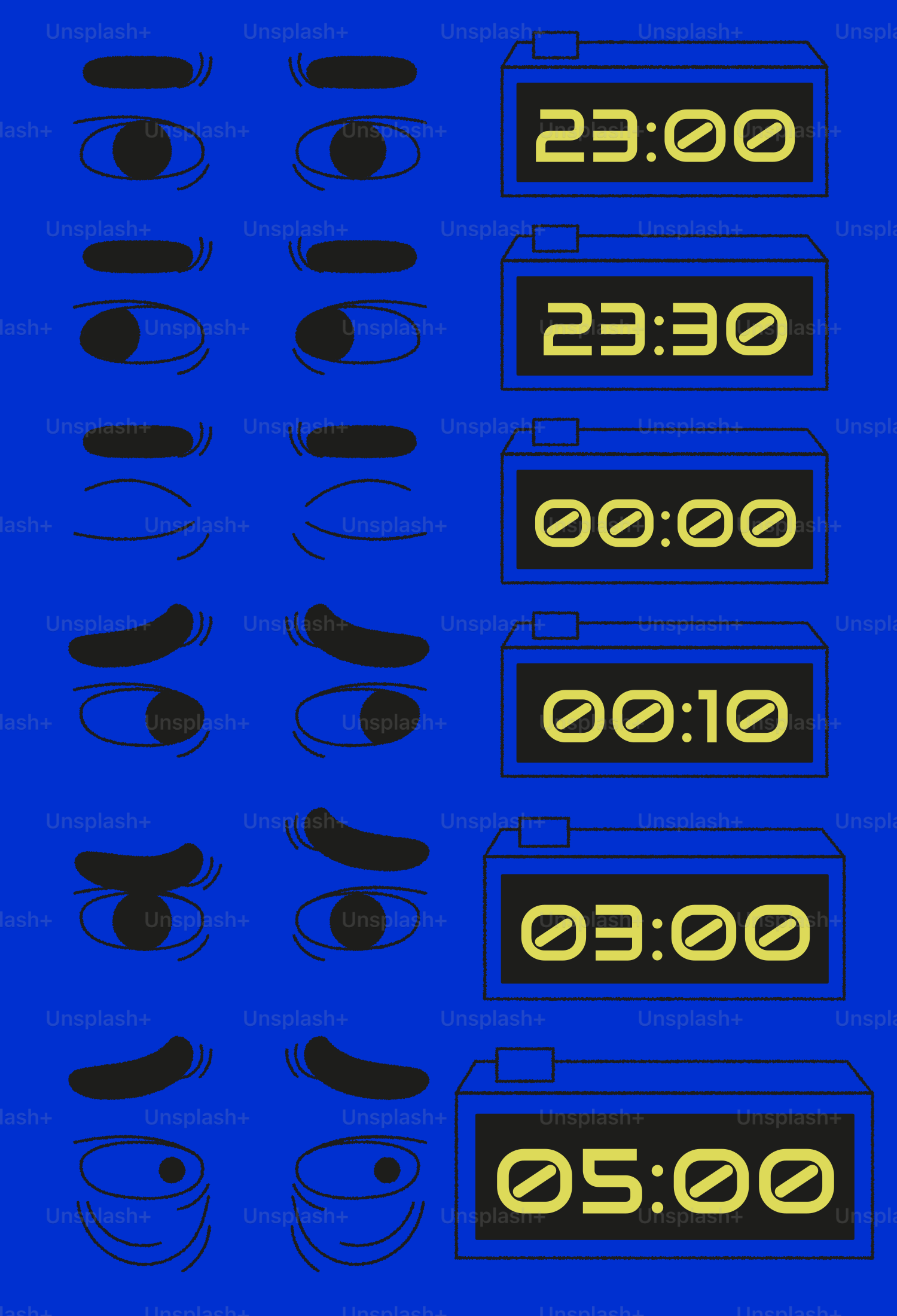 Progressive eye closing with digital clock times on blue background ...