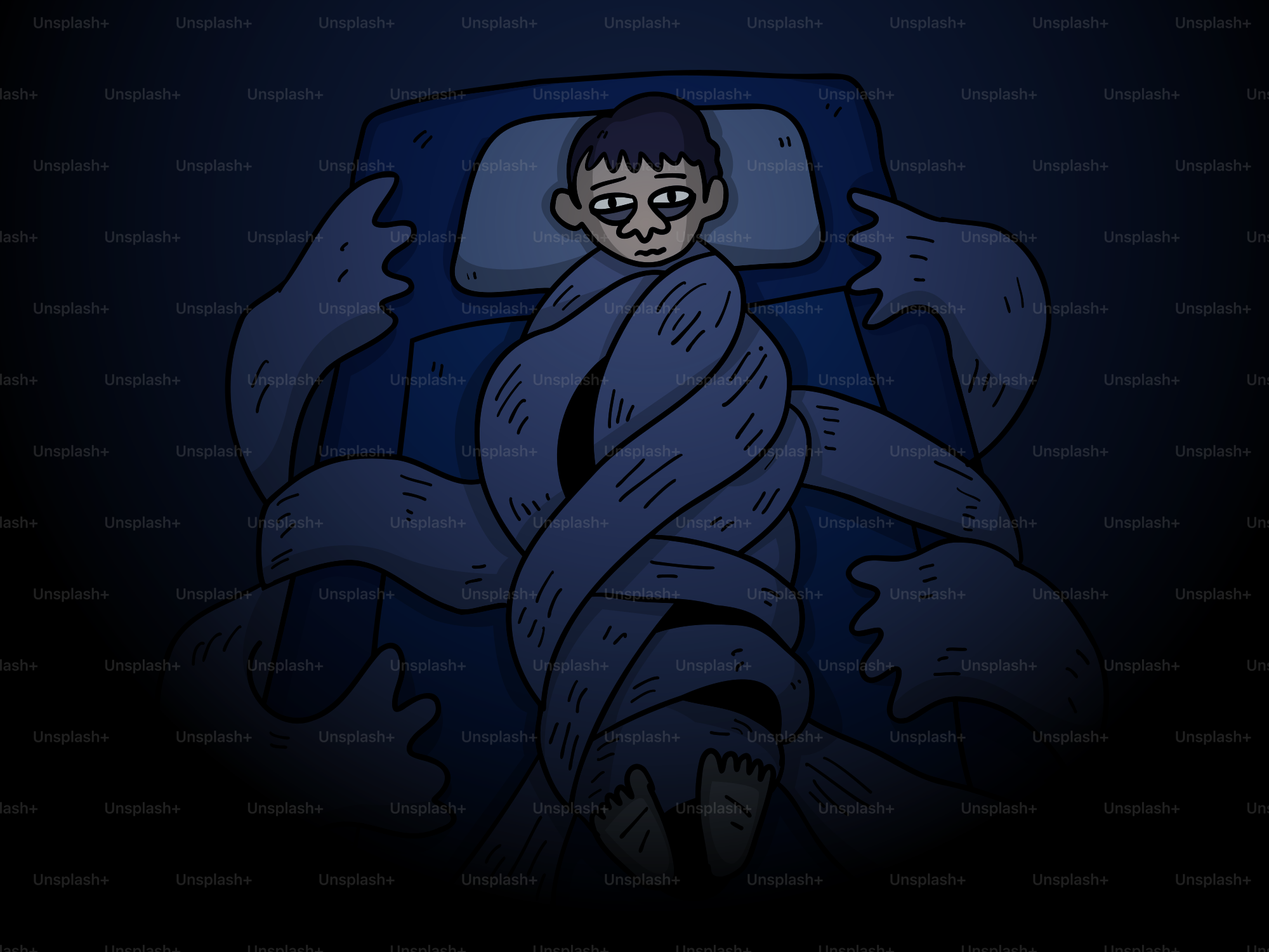 Pessoa enrolada em lençóis, parecendo angustiada à noite.