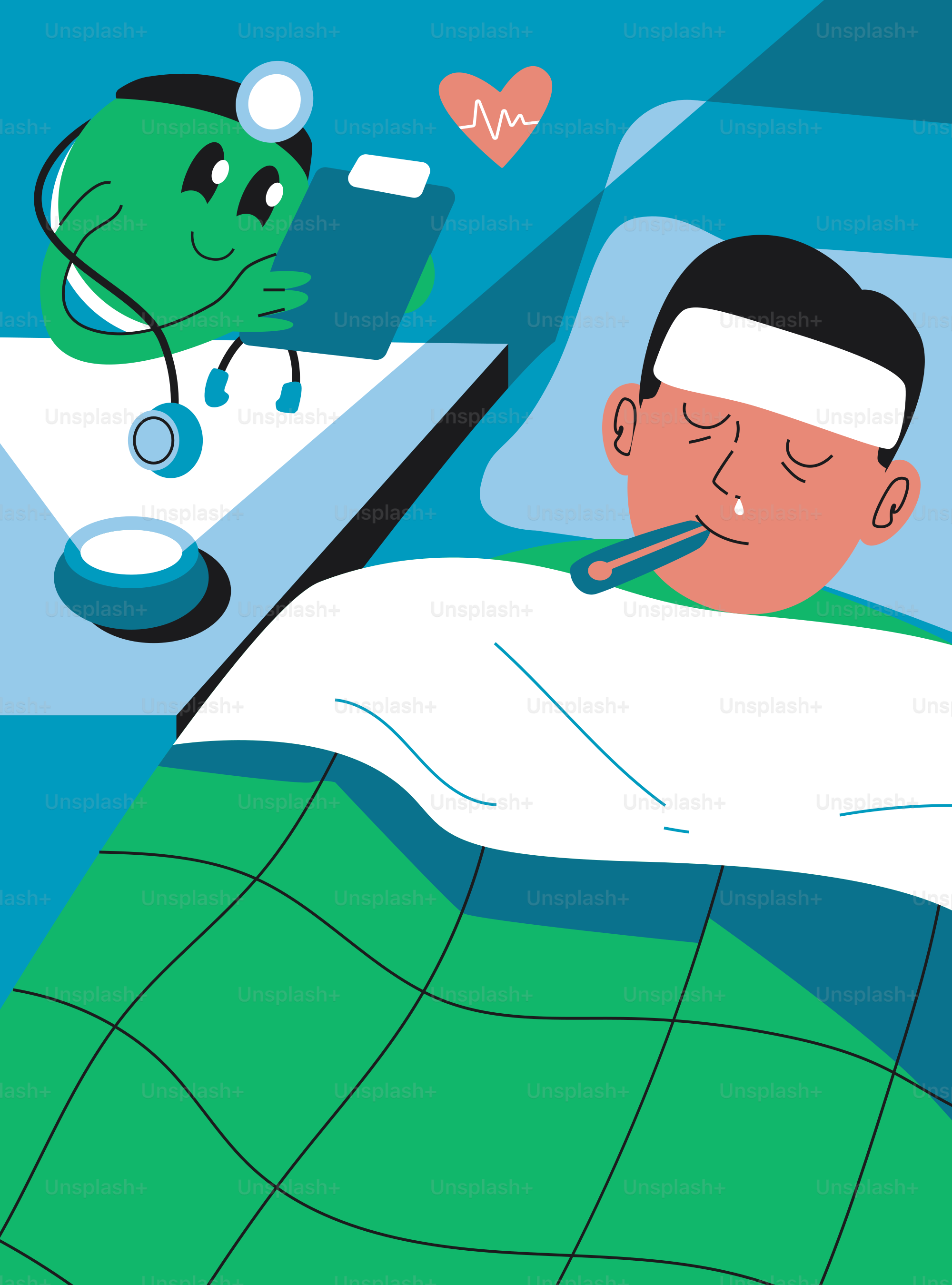 Um médico de desenho animado verifica um paciente doente na cama.