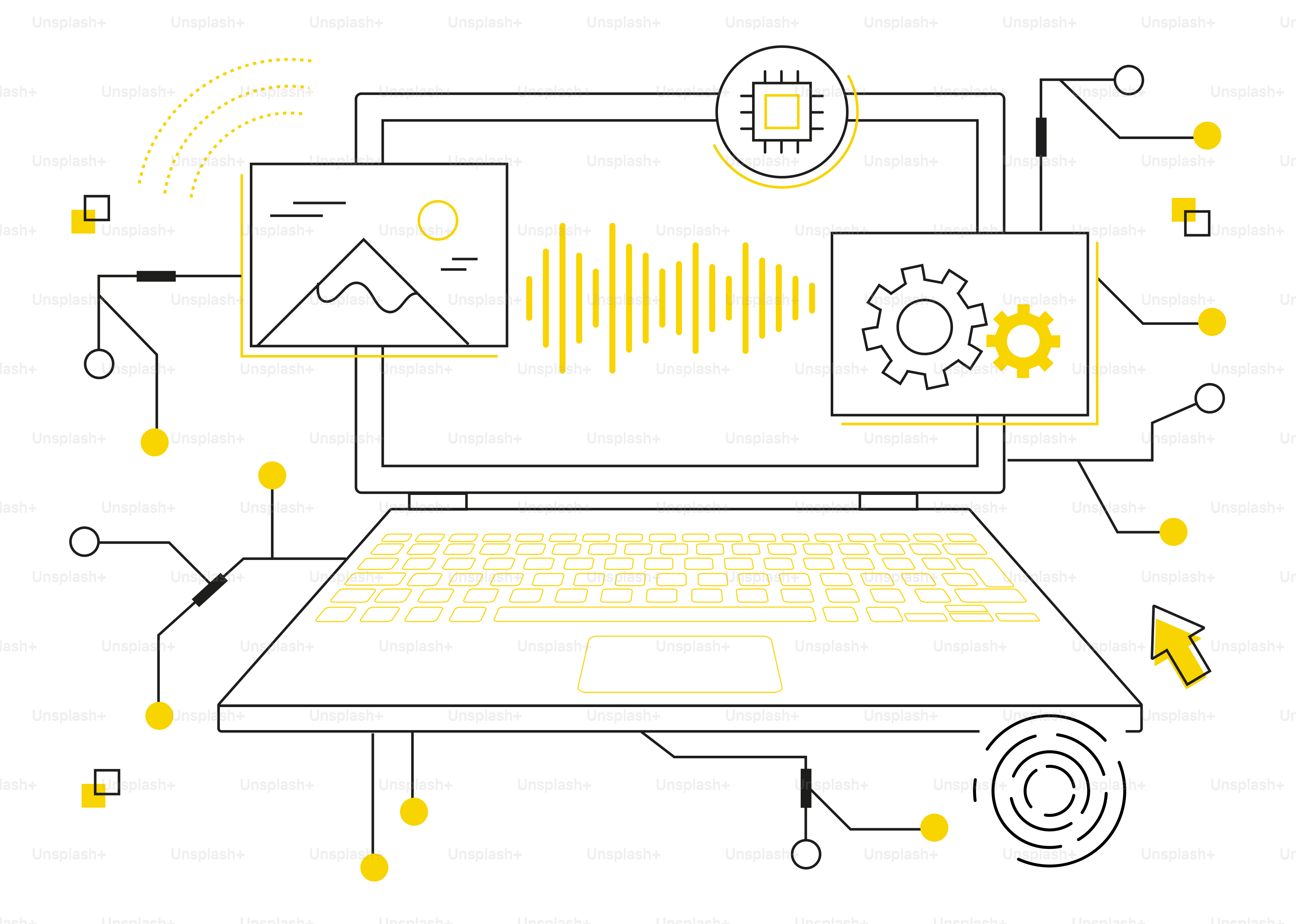 Laptop processando dados, sons e imagens com conexões tecnológicas.
