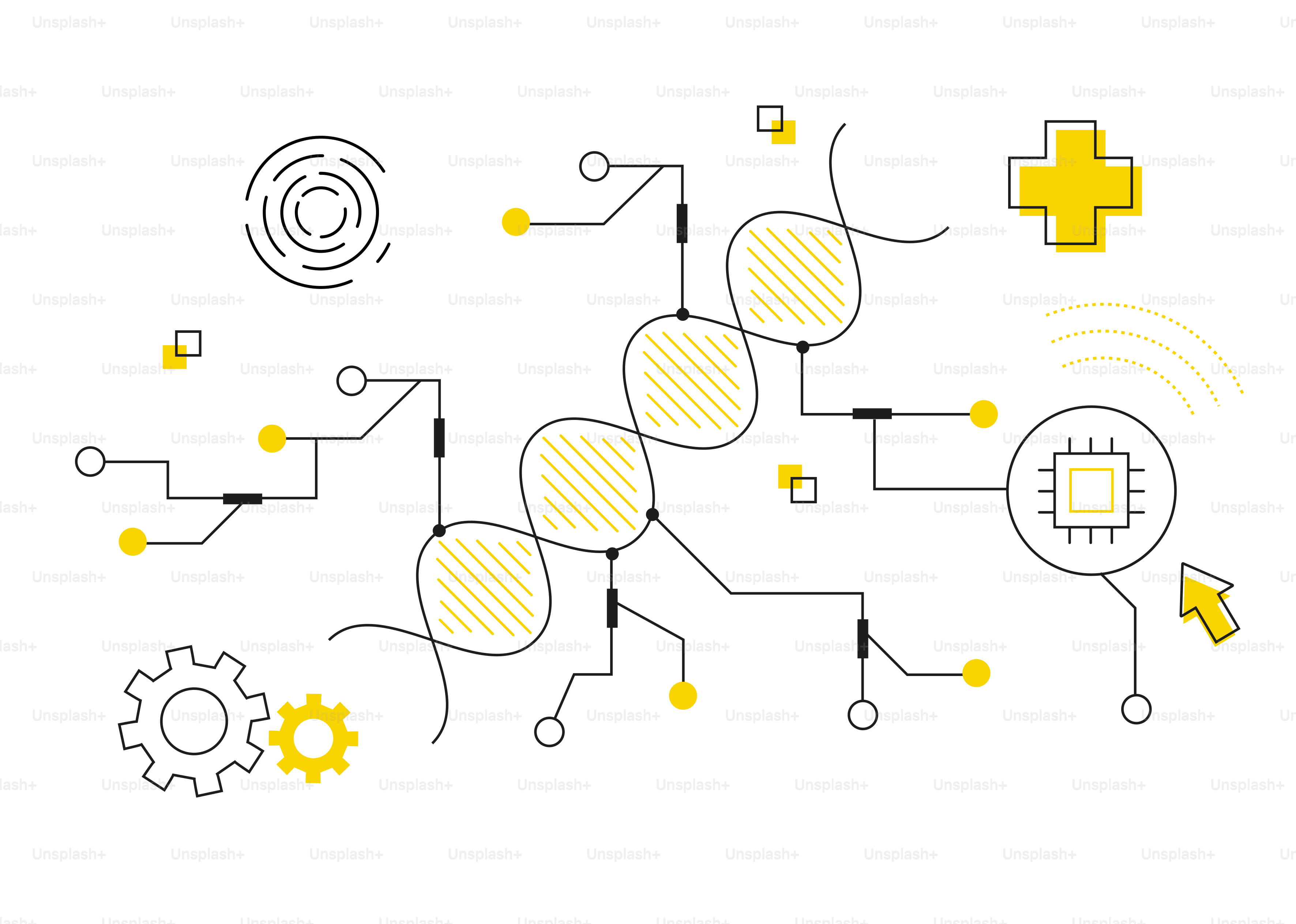 Conceito de engenharia genética com hélice de DNA, microchip e engrenagens.