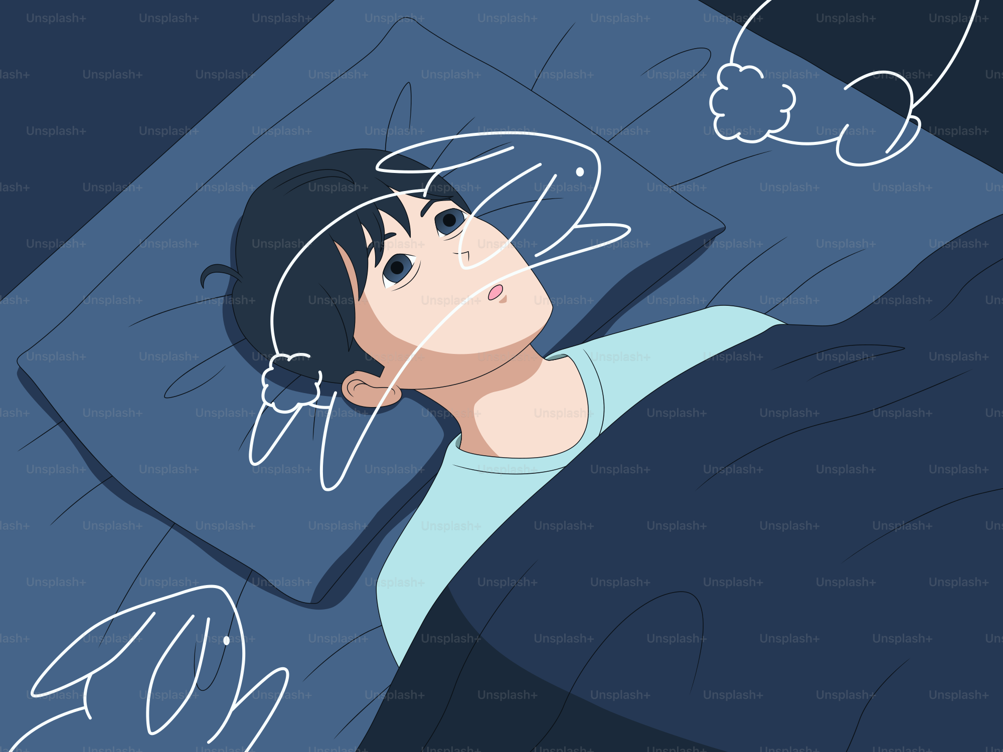 Orang yang terjaga di tempat tidur, dikelilingi oleh pikiran seperti kelinci.