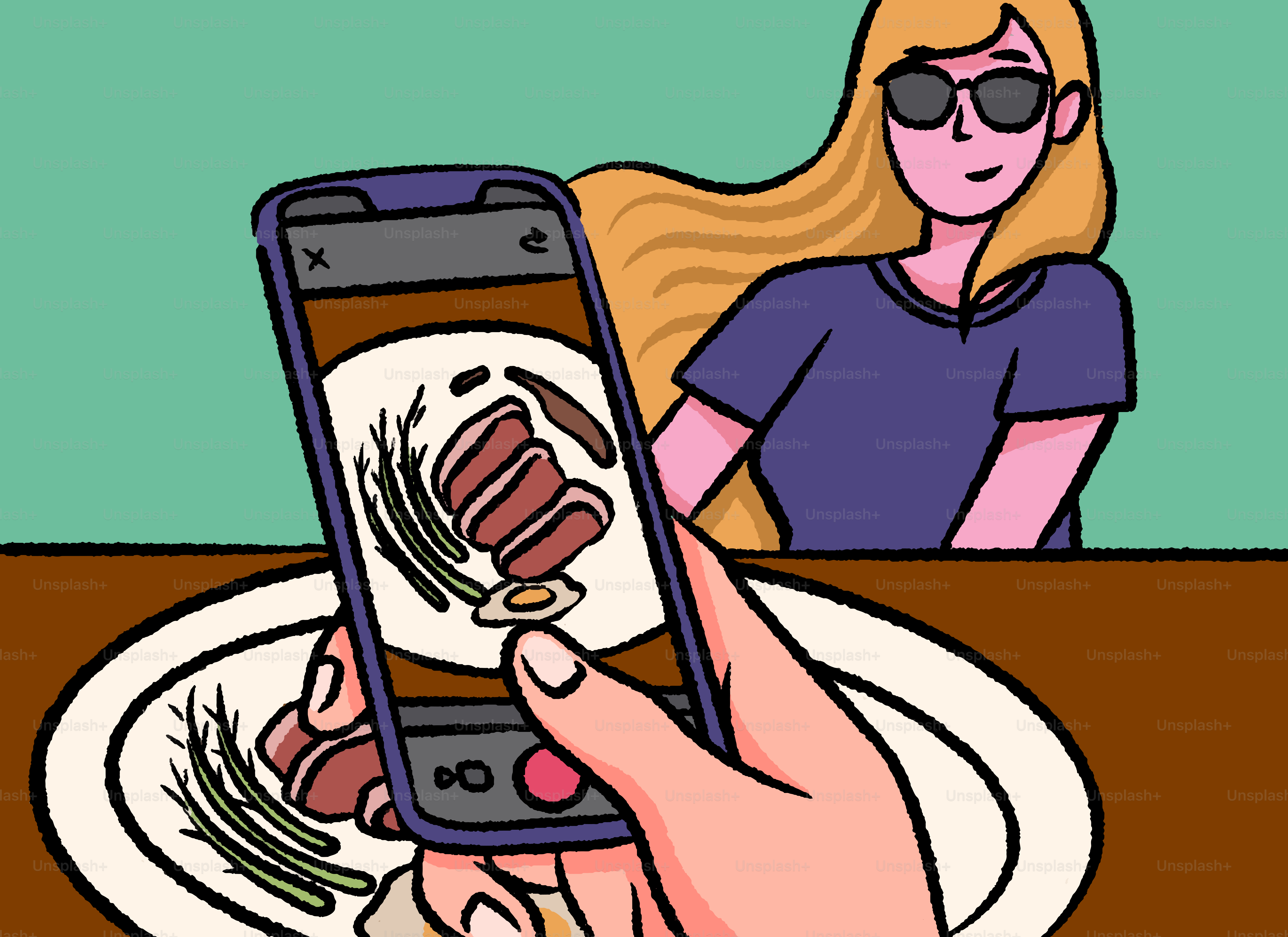 Woman's hand photographs a plate of steak and asparagus.