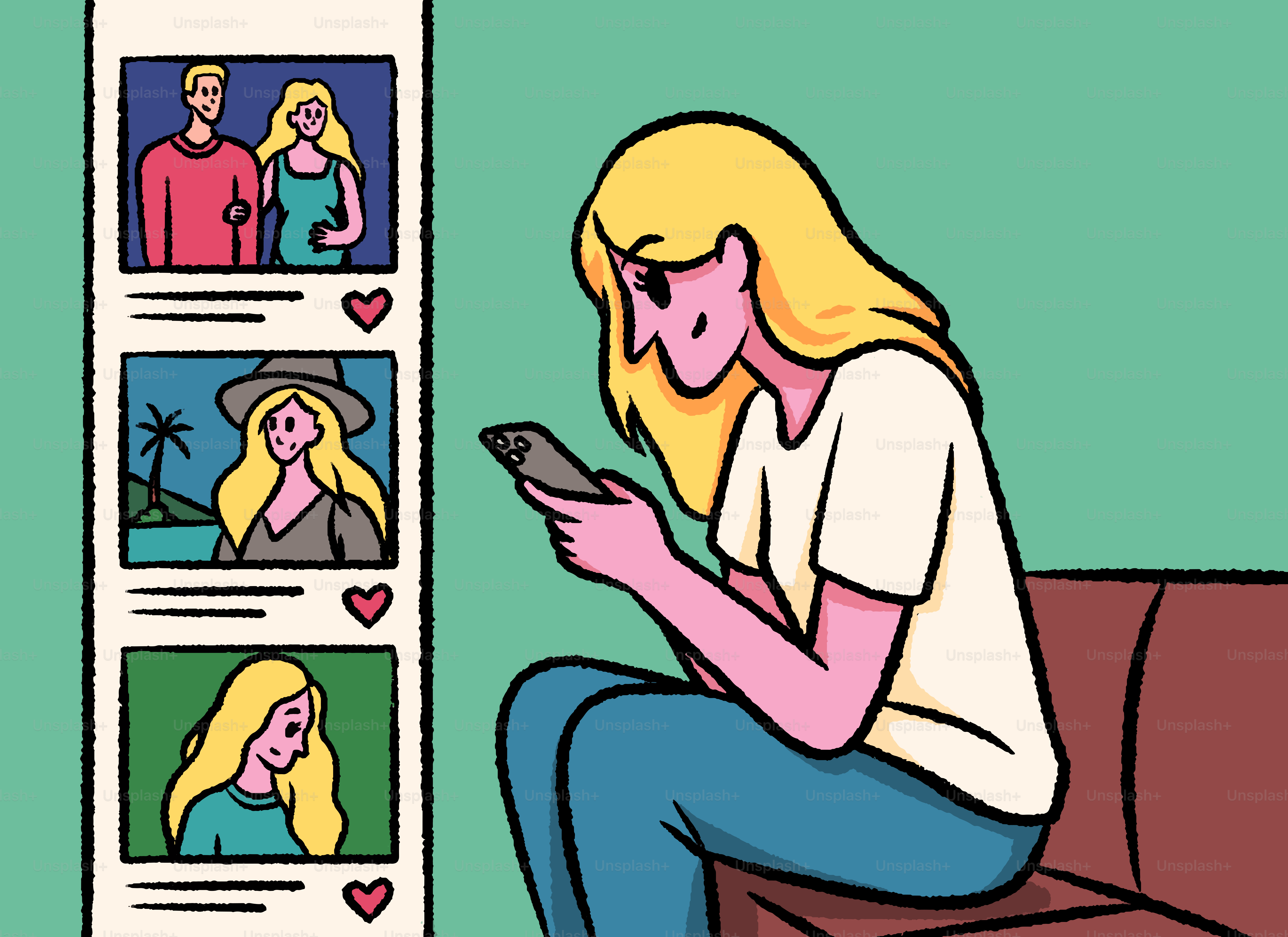 Woman scrolling through social media profiles on phone.