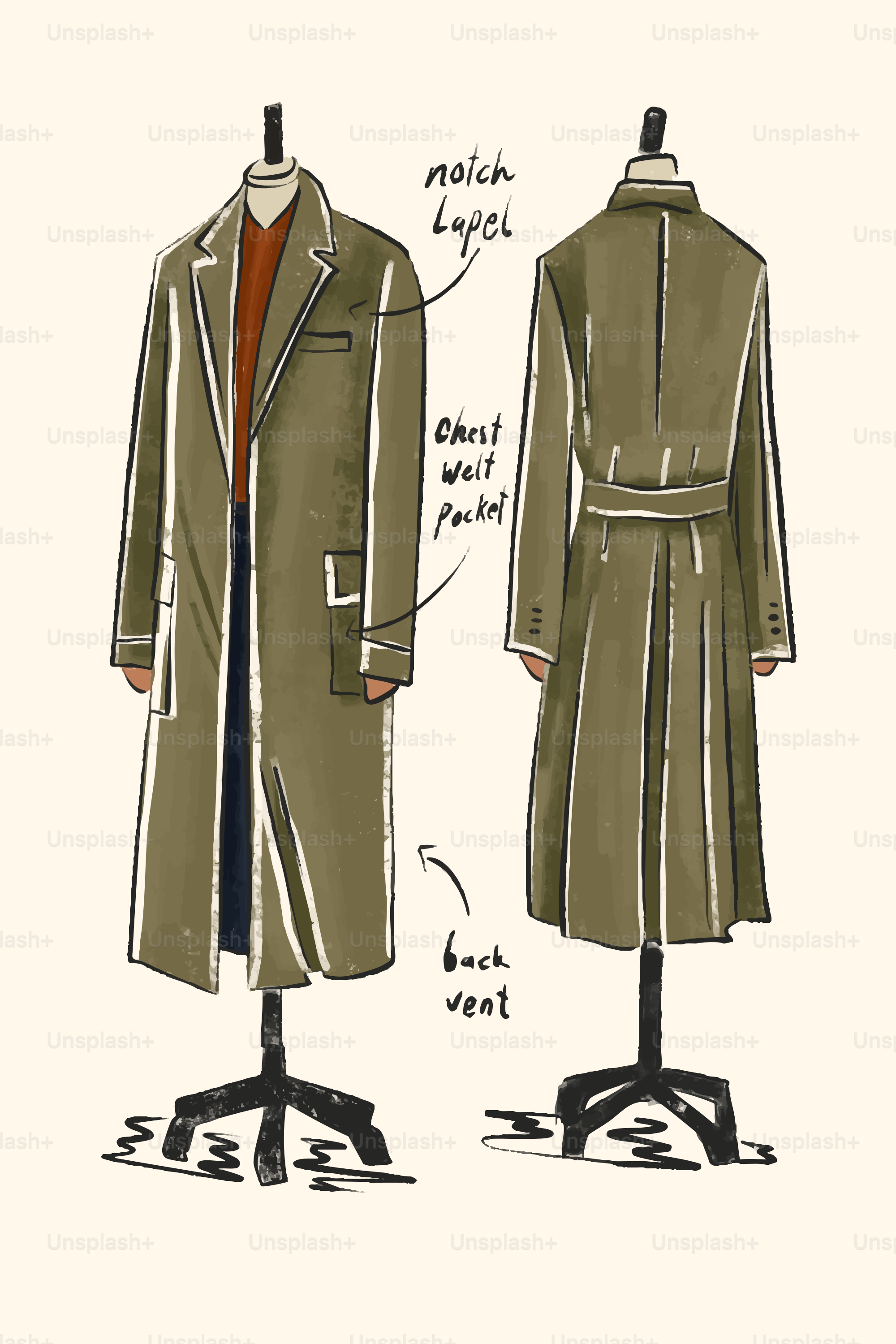 Illustrated front and back views of a trench coat.