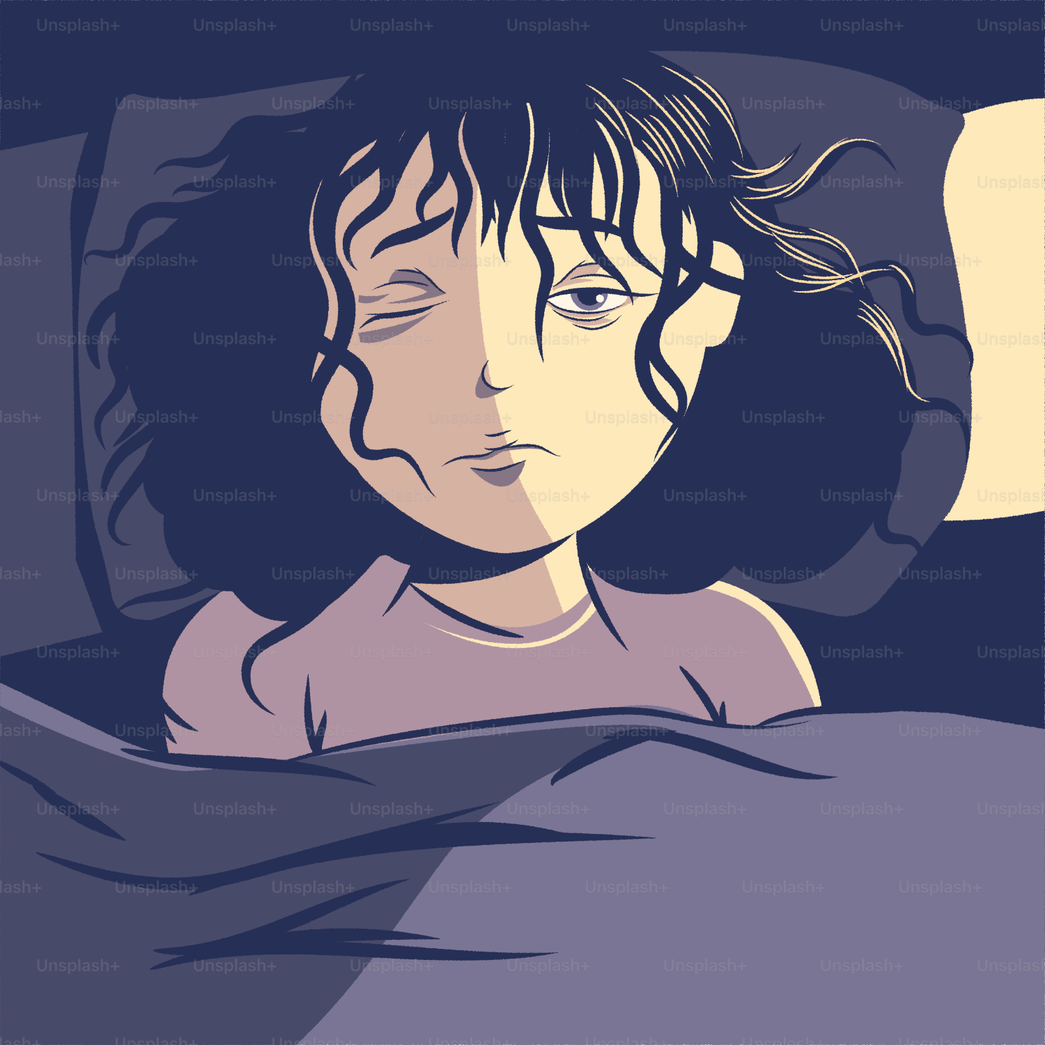 Orang yang lelah dengan rambut keriting gelap di tempat tidur.