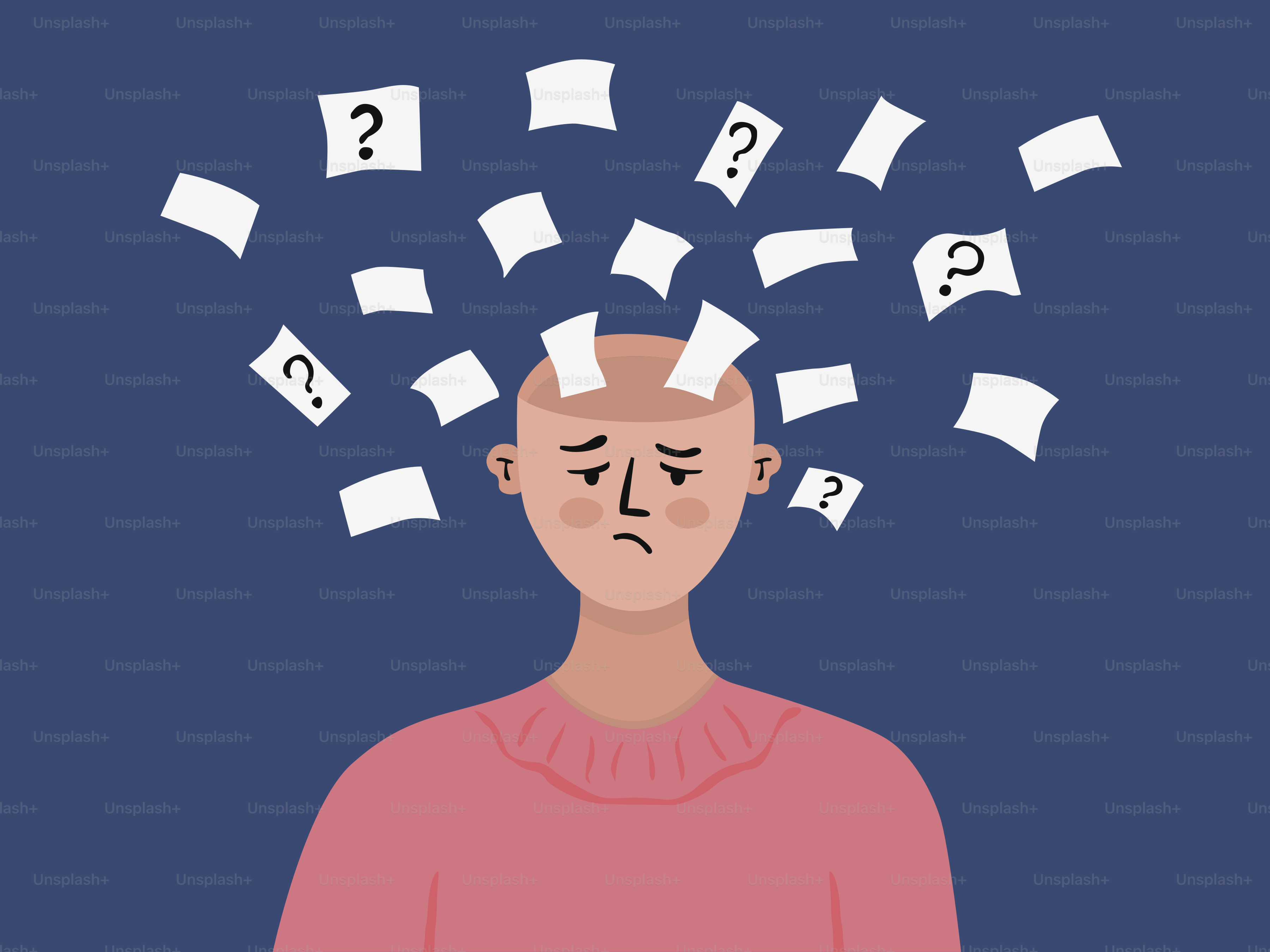 Persona triste con fogli a punto interrogativo che volano dalla testa.
