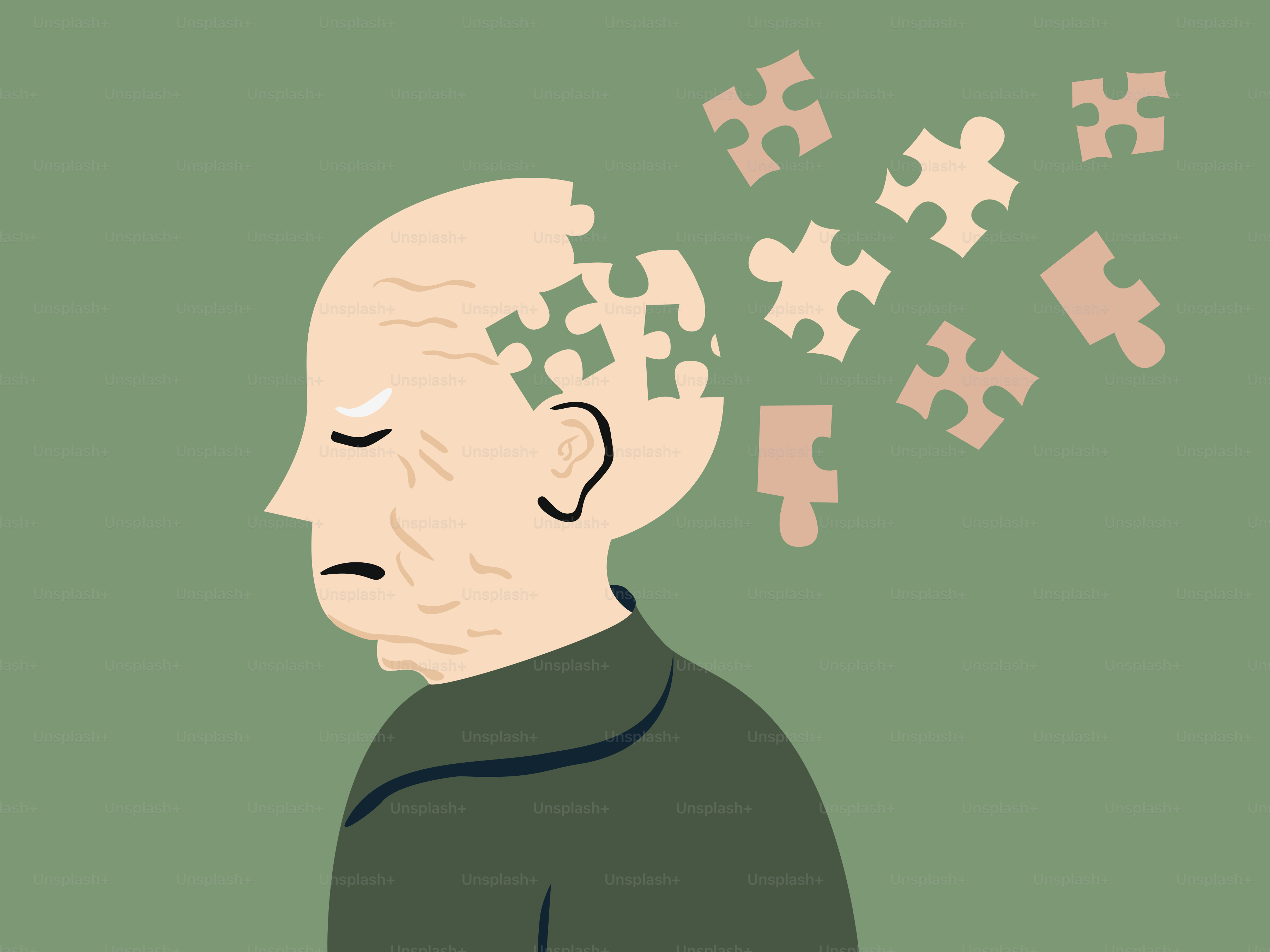 Anziano con pezzi di puzzle che cadono dalla testa