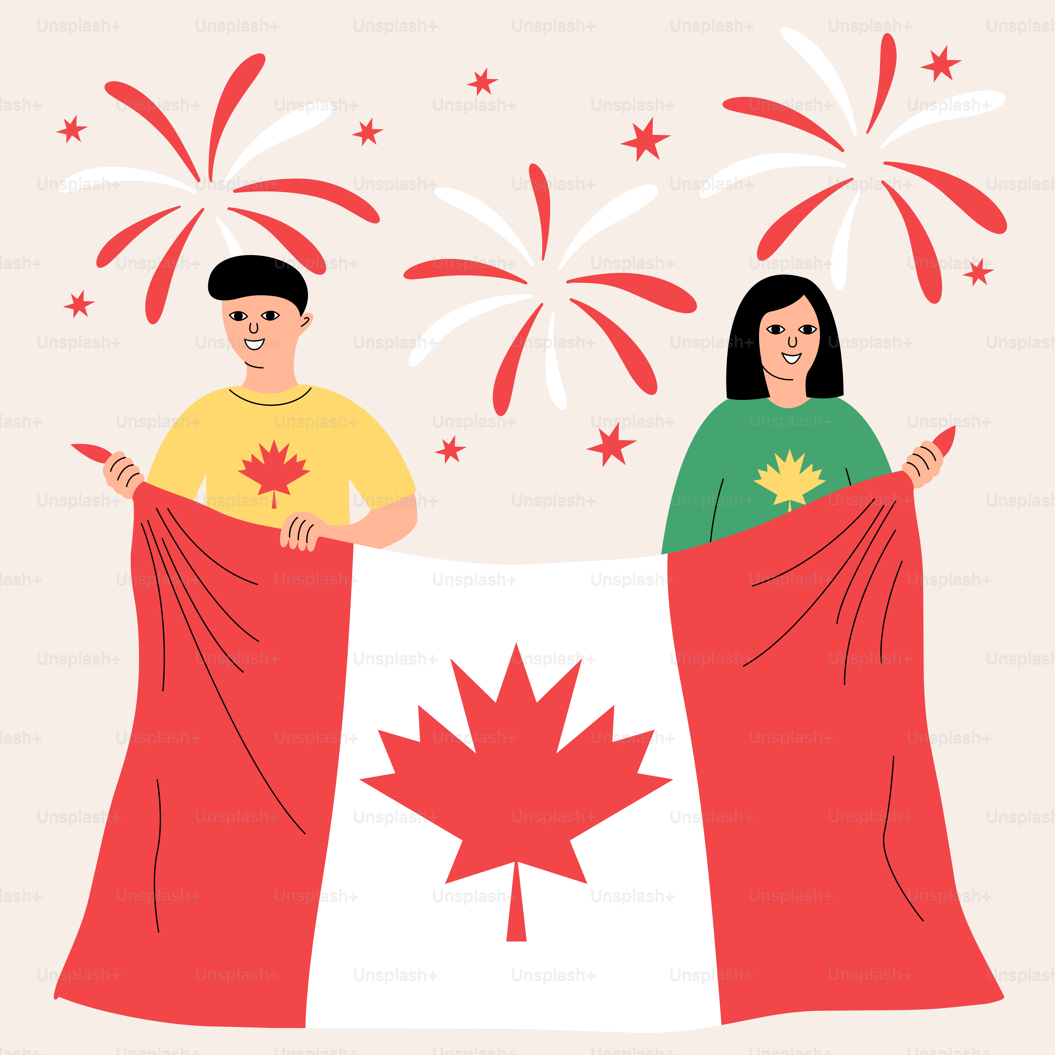 Coppia che tiene la bandiera canadese con fuochi d'artificio