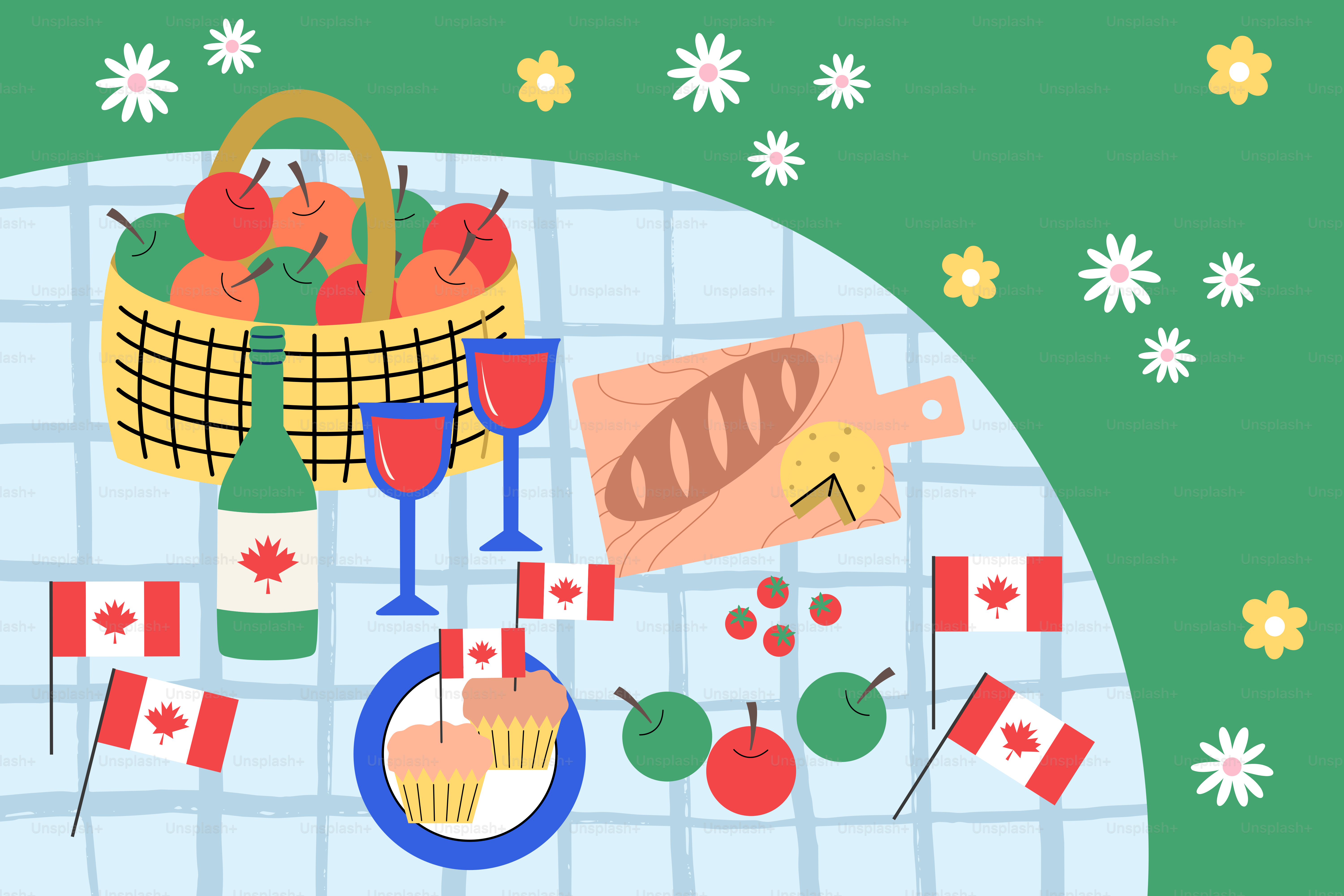 Picnic con bandiere canadesi e cestino di frutta.