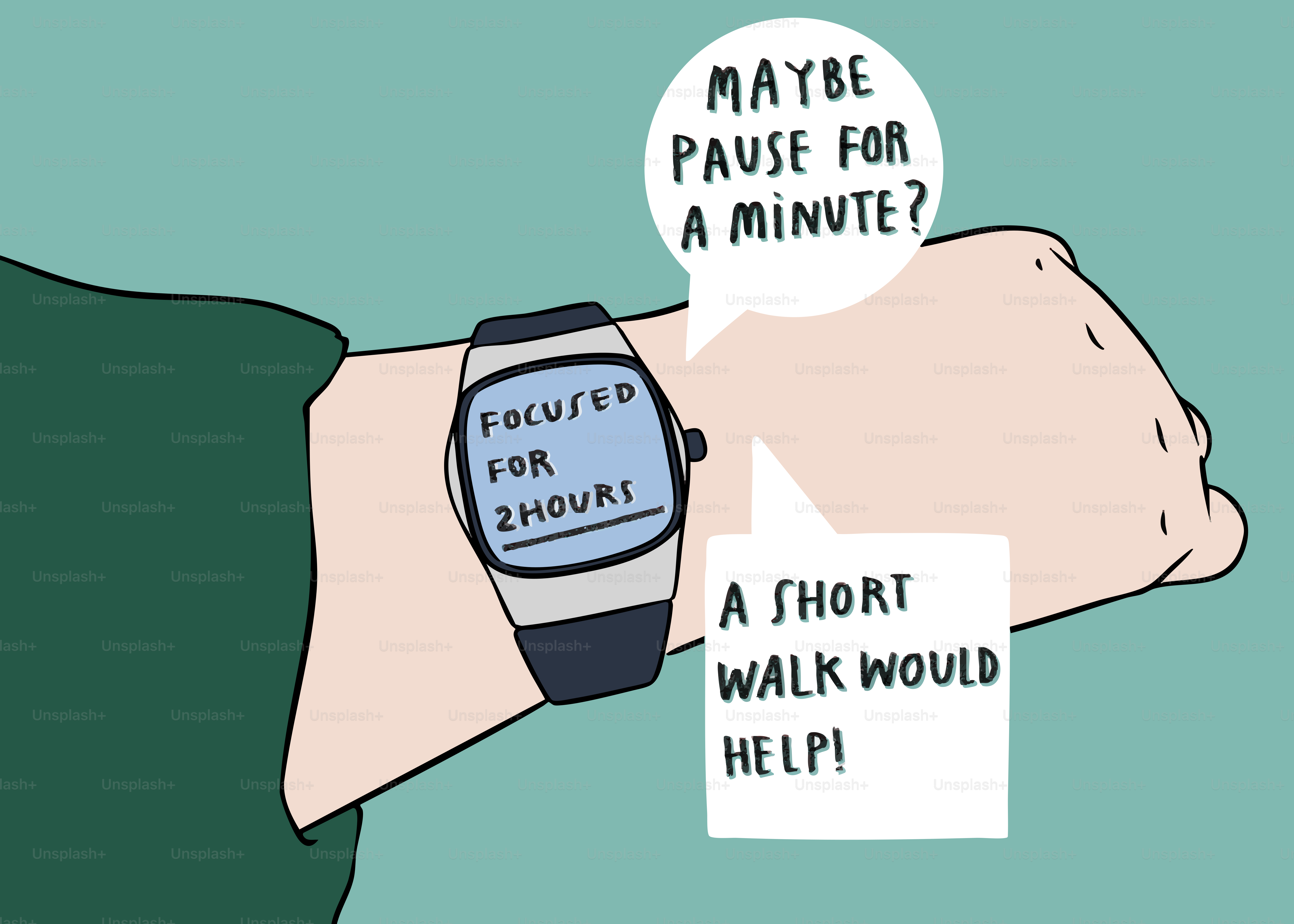 La montre connectée rappelle à la personne qui la porte de faire une pause après deux heures de concentration.