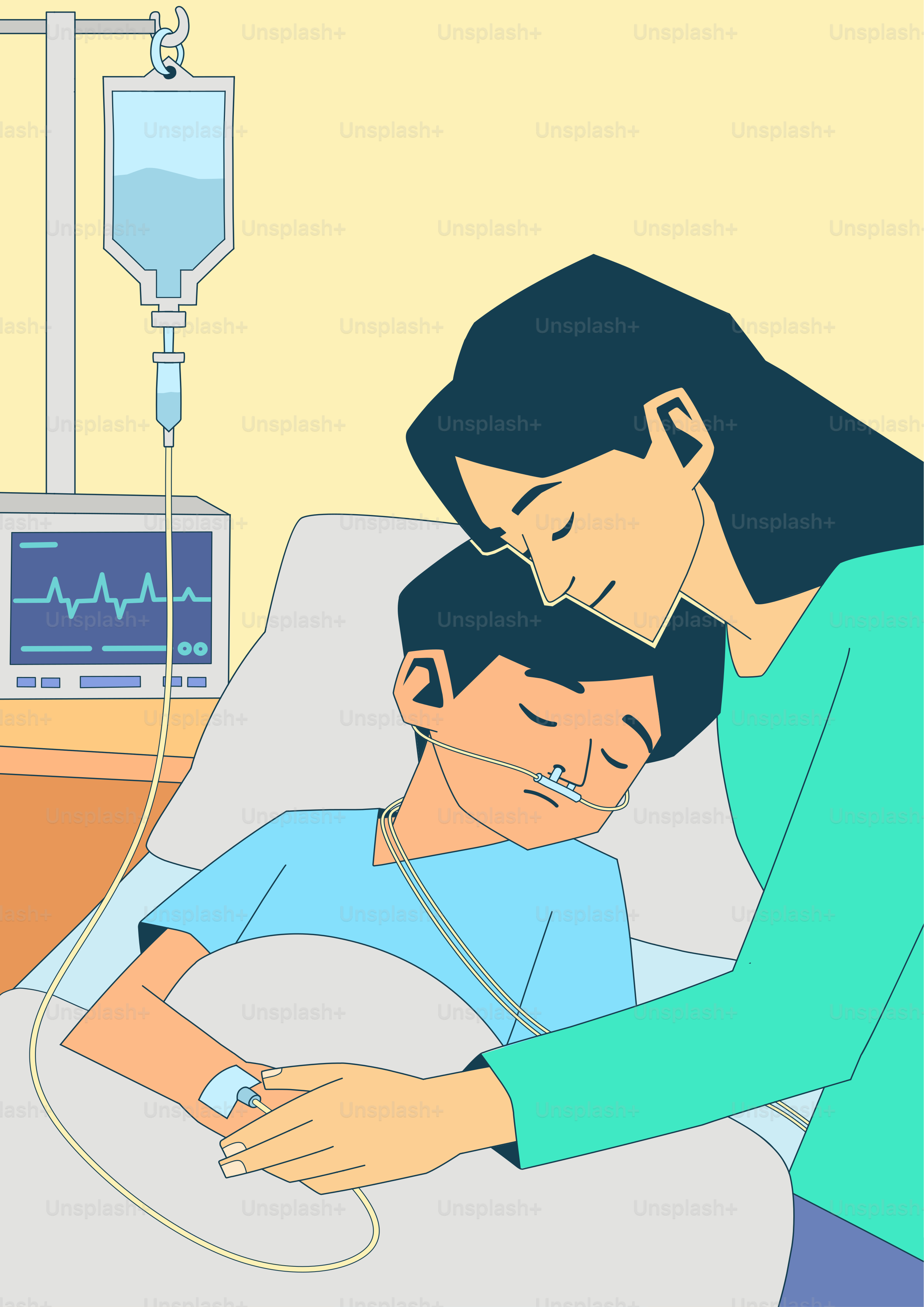 Uma mãe conforta seu filho doente em uma cama de hospital.
