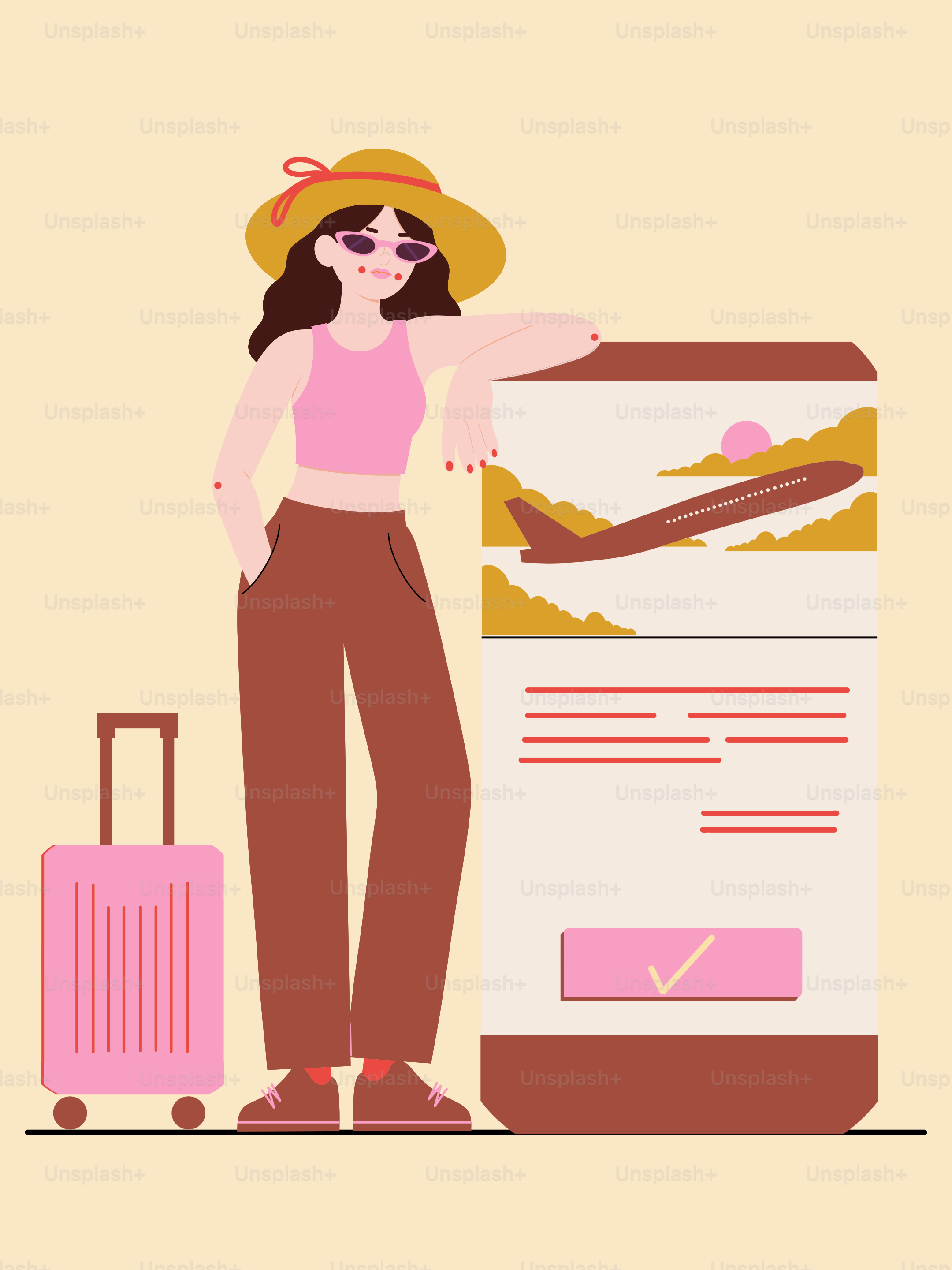 Woman with suitcase and boarding pass at airport.
