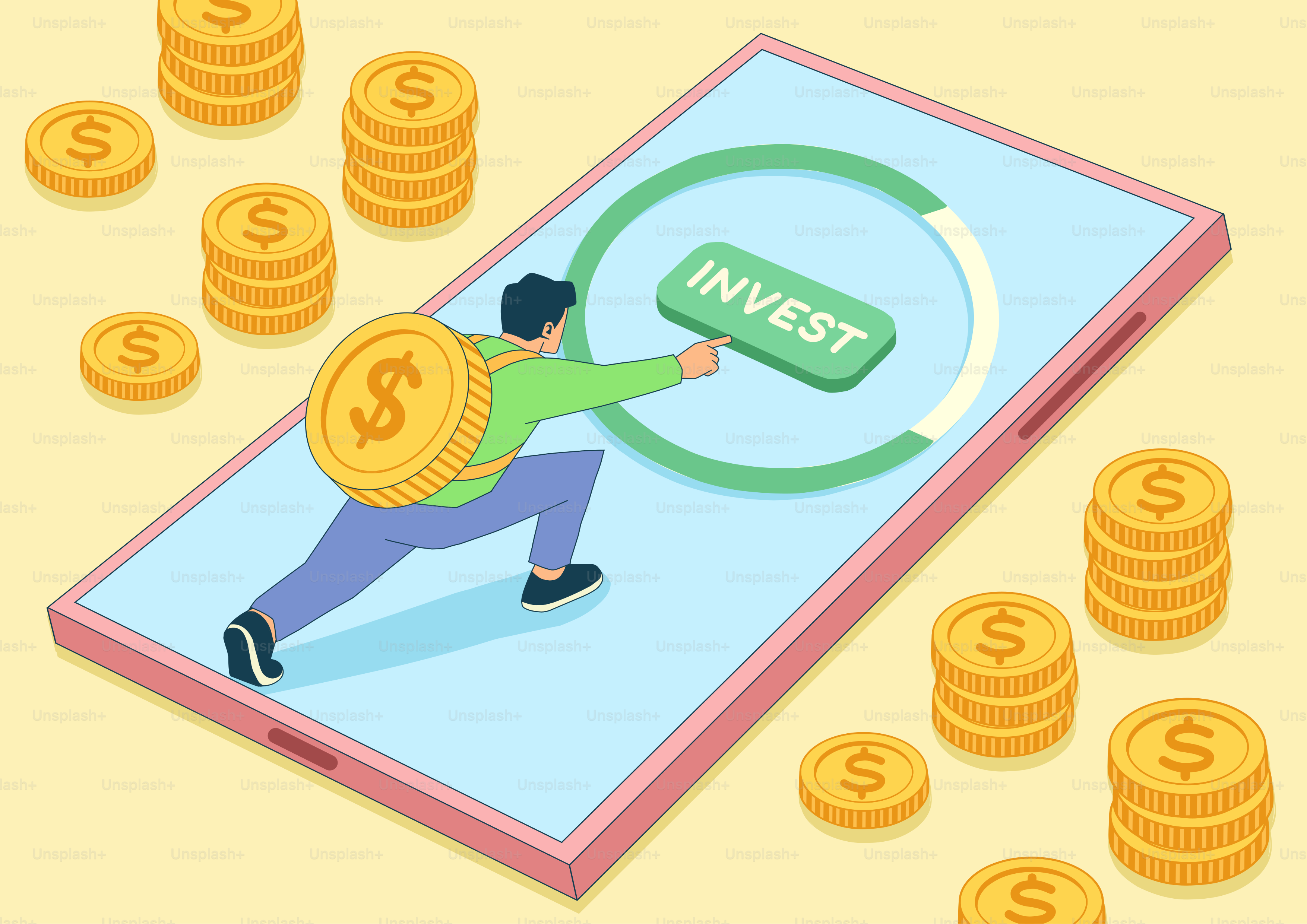 El hombre con monedas de oro invierte en la pantalla del smartphone.