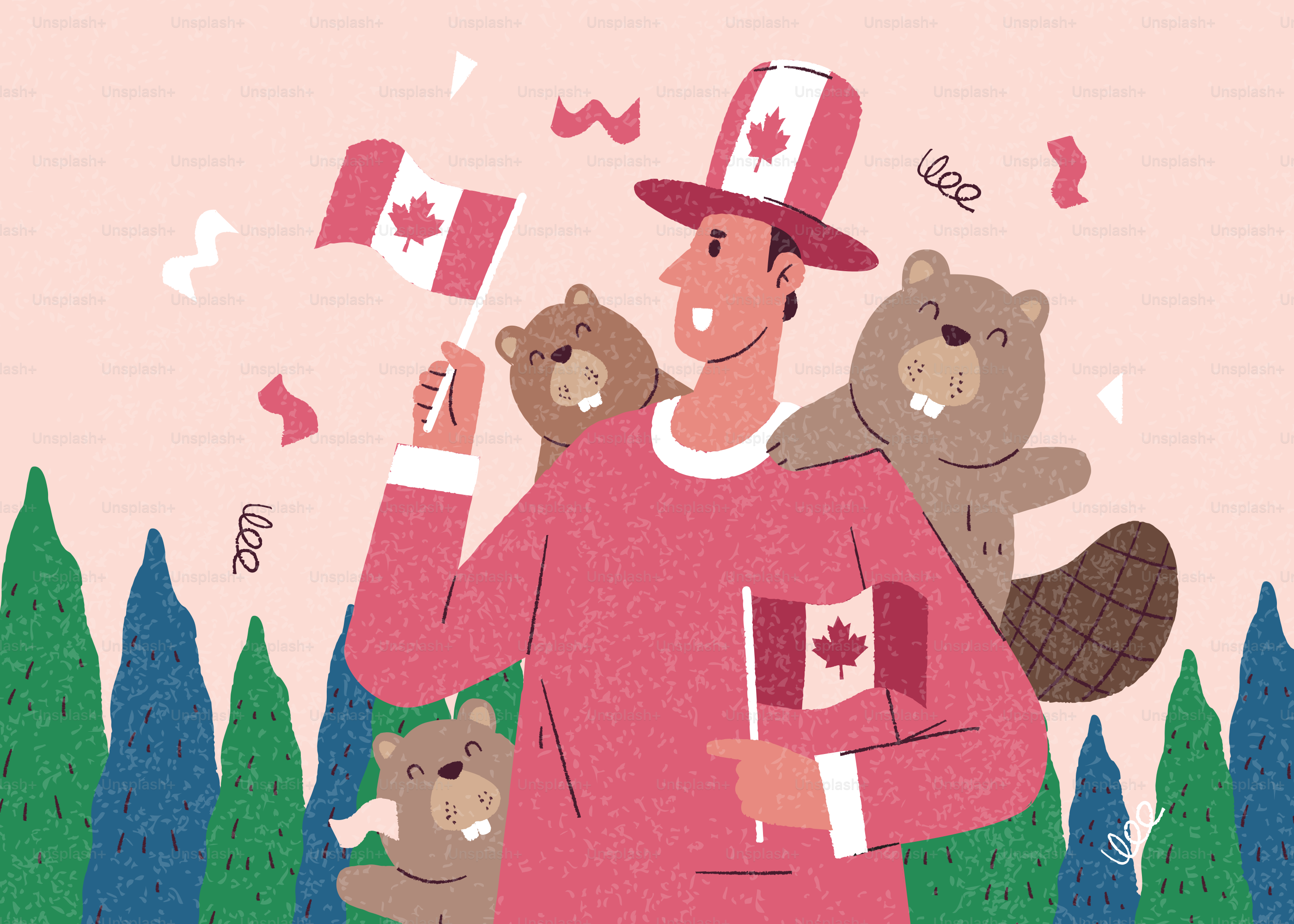 Homme au chapeau avec des drapeaux canadiens et des castors