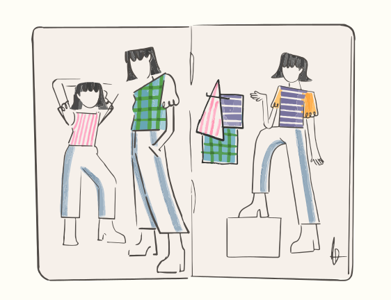 Schizzi stilizzati di moda di donne in abiti a righe e a quadri.