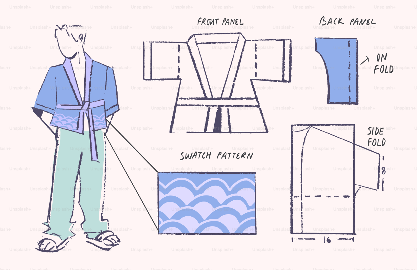 Ilustración de moda en kimono con piezas de patrón y una muestra de ondas.