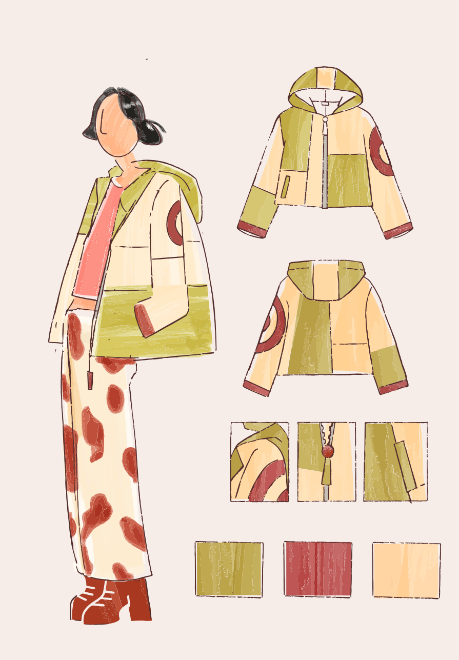 Sketsa desain busana yang menampilkan jaket berkerudung dan celana panjang bermotif.
