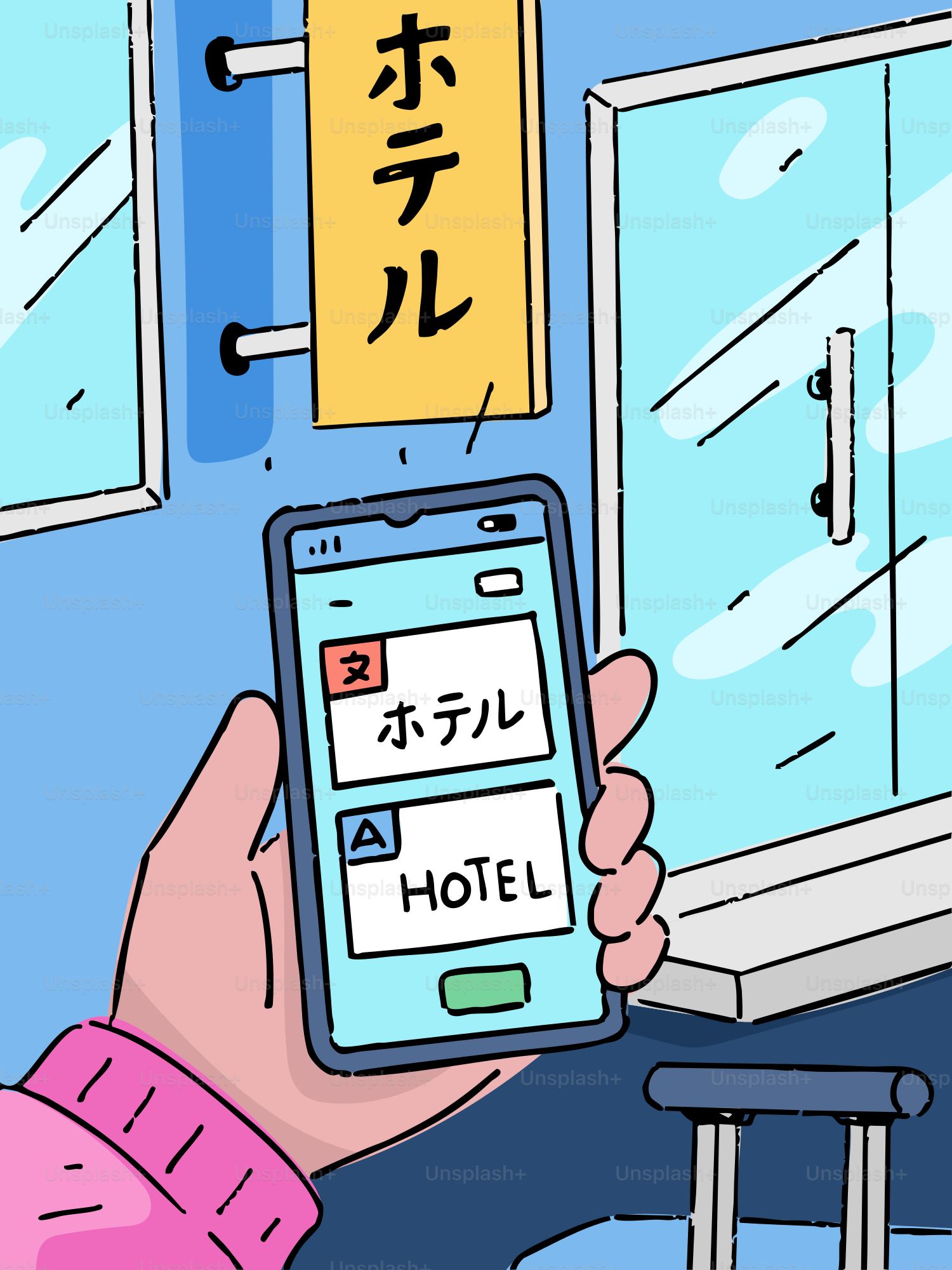 Persona che usa il telefono per tradurre il cartello giapponese di un hotel