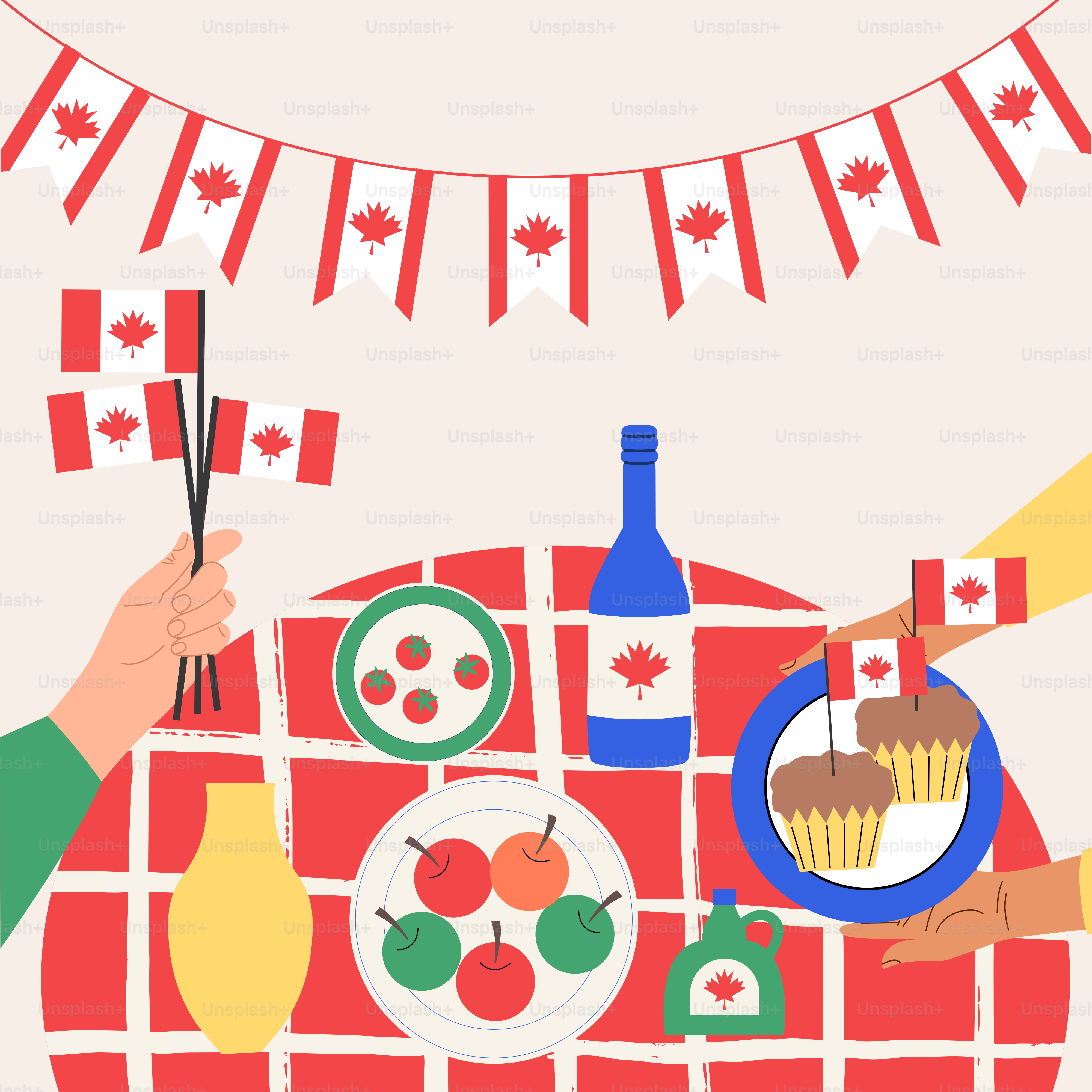 Celebrazione canadese con bandiere, cupcake e bevande.