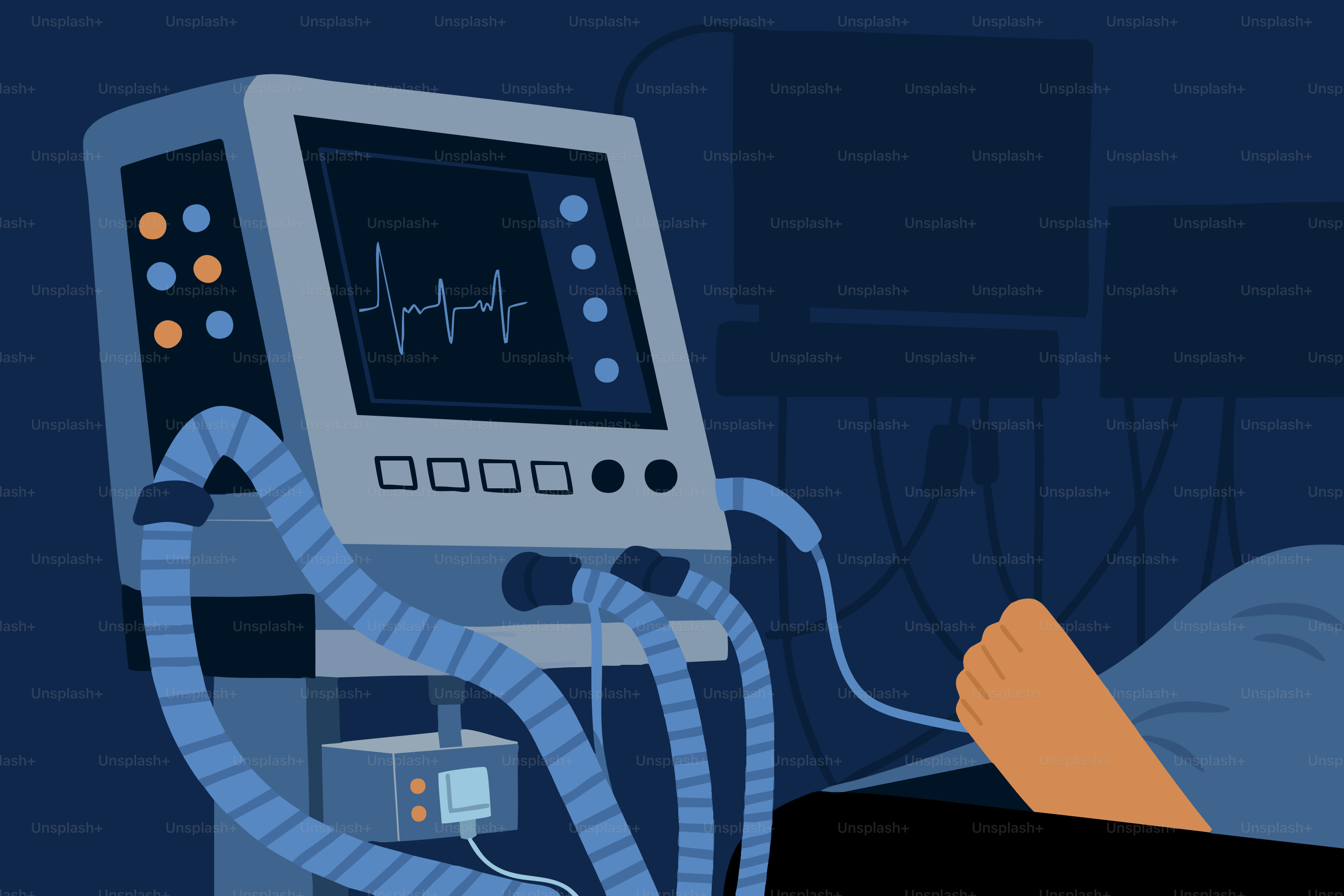 Medical ventilator monitoring a patient's foot in a dark room