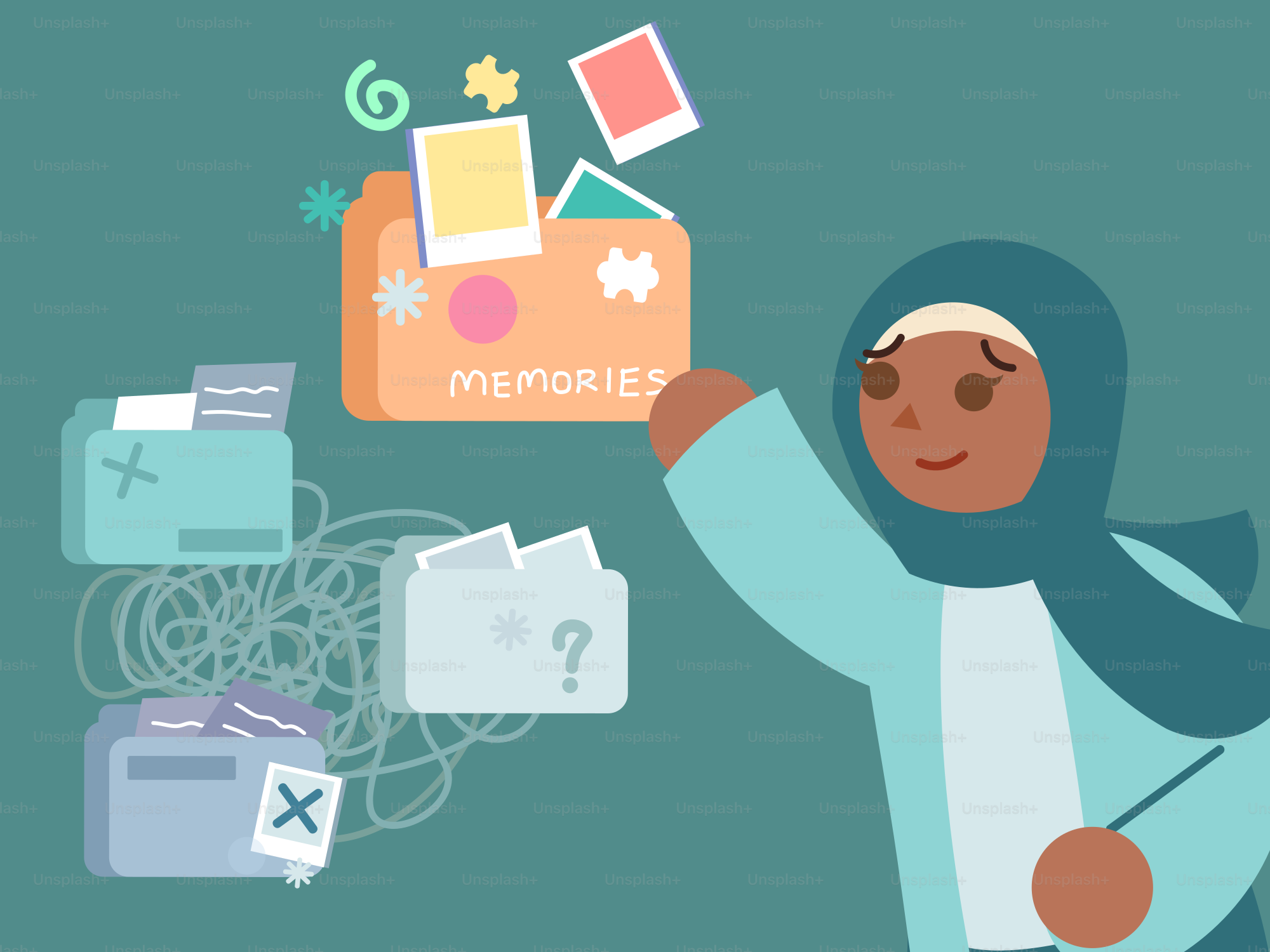 Wanita mengatur foto dalam folder kenangan