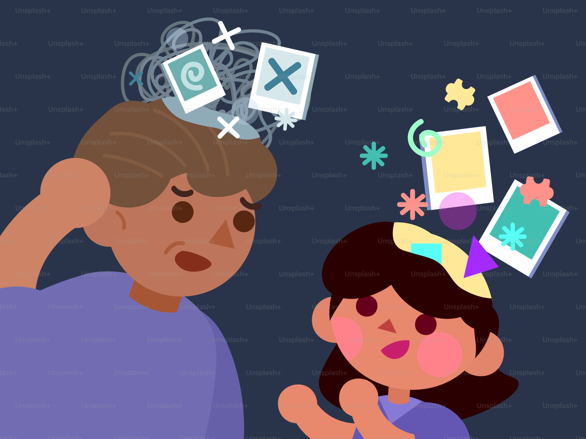 Confused man and child with scattered memories