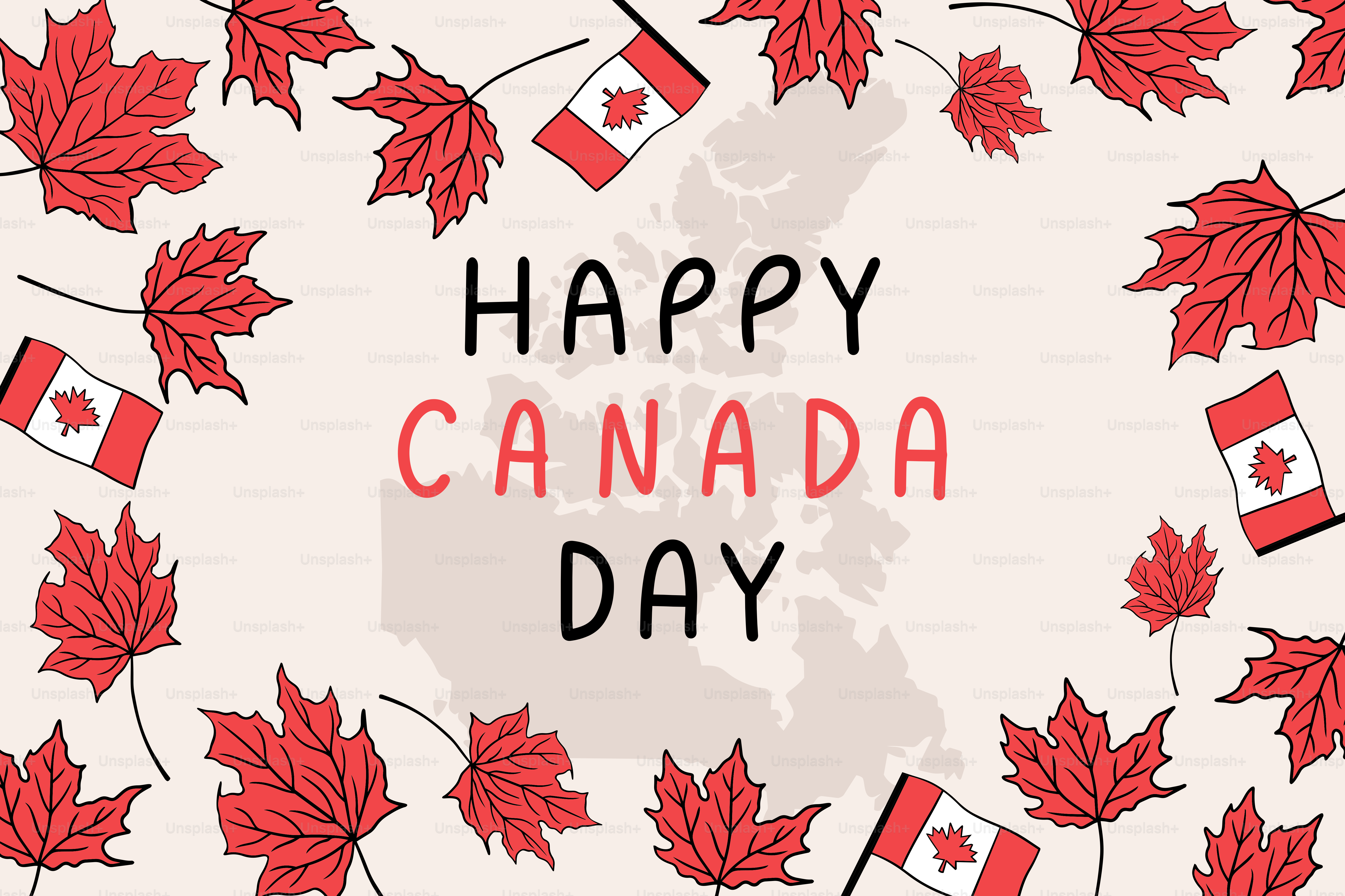 Buon testo per il Canada Day con foglie d'acero e bandiere canadesi.
