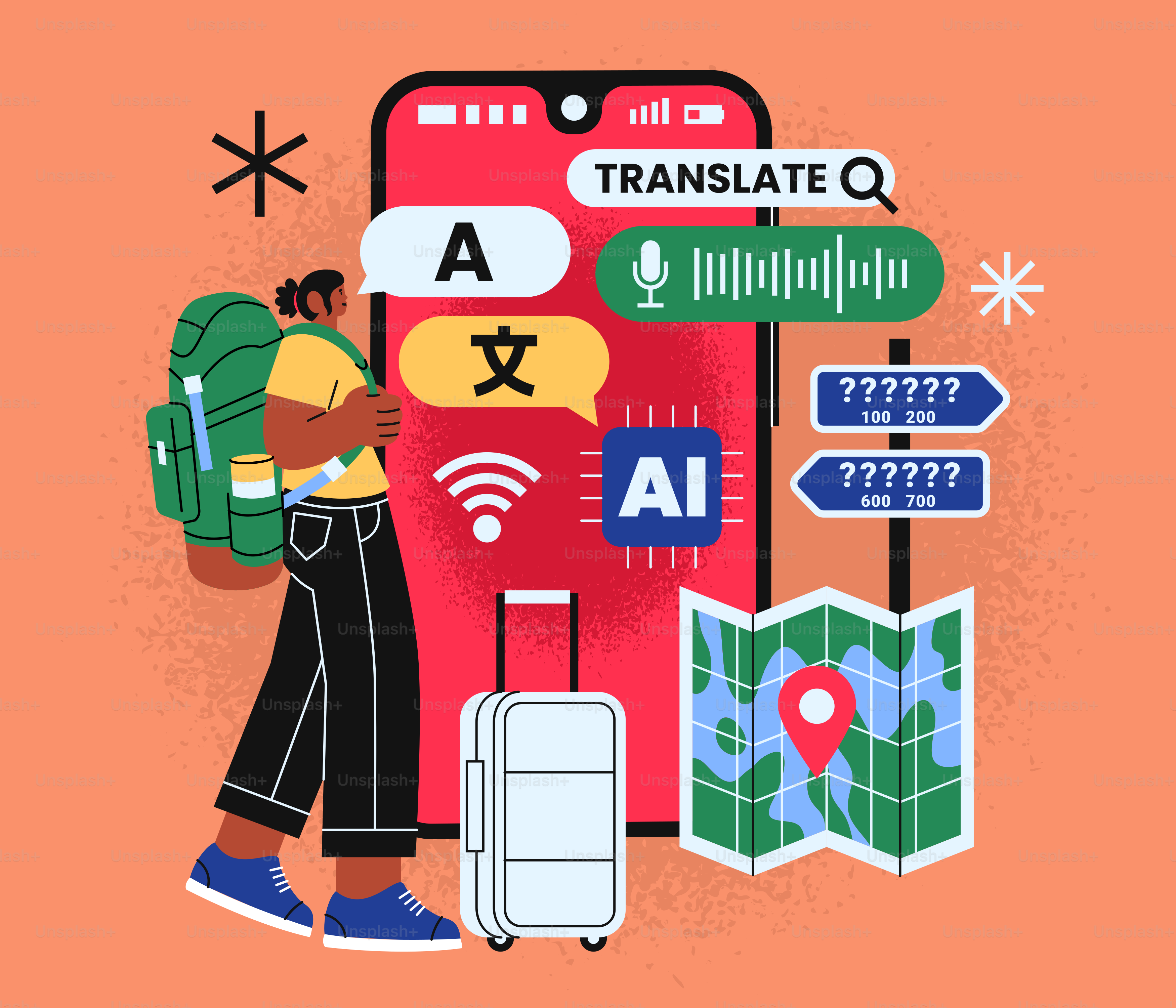 Viaggiatore che usa l'app di traduzione AI su smartphone per la lingua