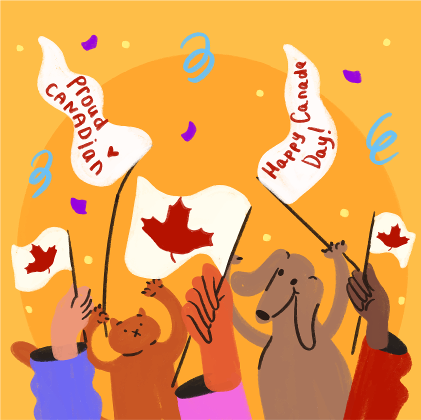 Des mains et des animaux agitent des drapeaux canadiens pour célébrer la fête du Canada.