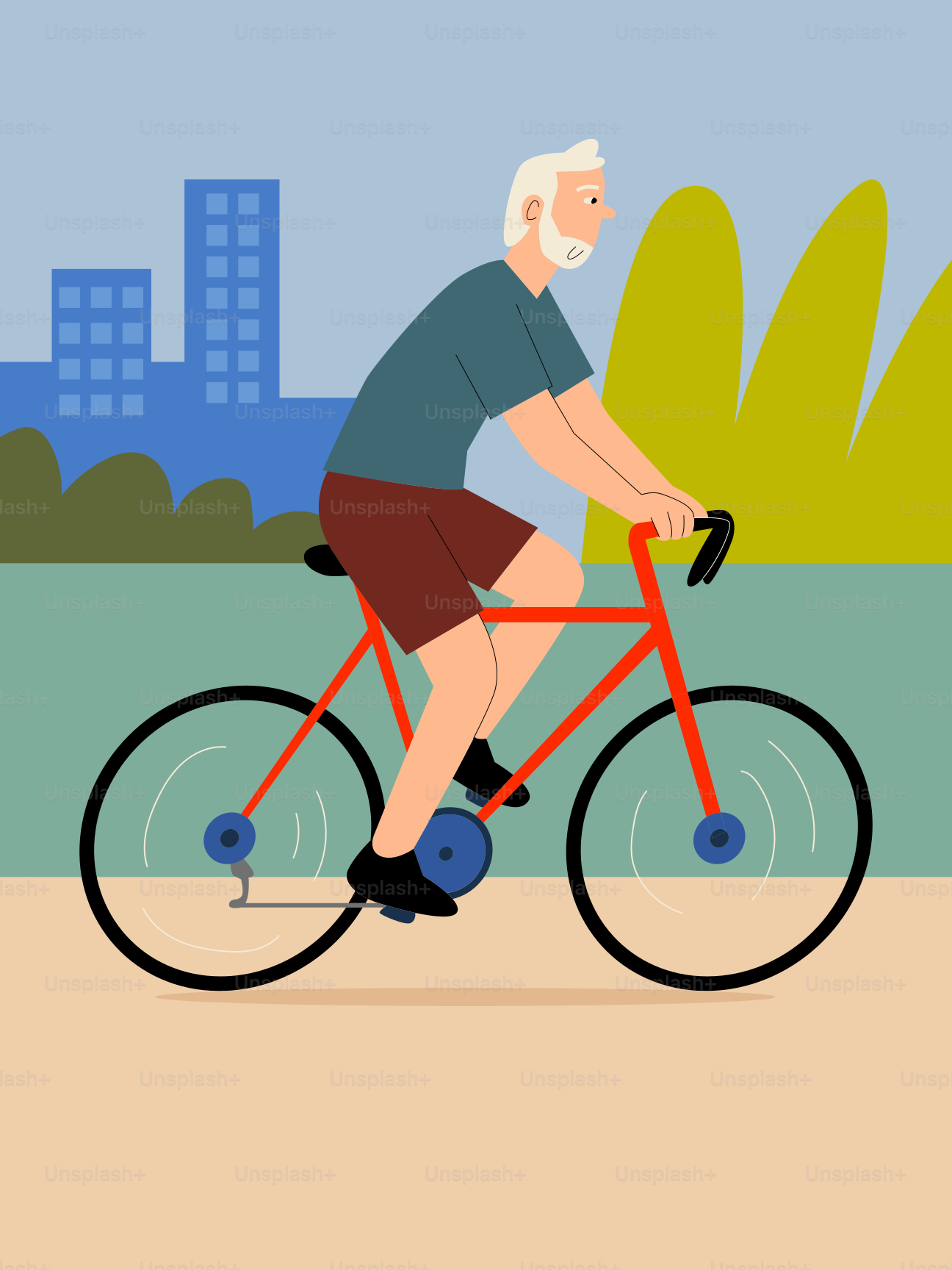 建物や木々のある道を自転車で走る老人。