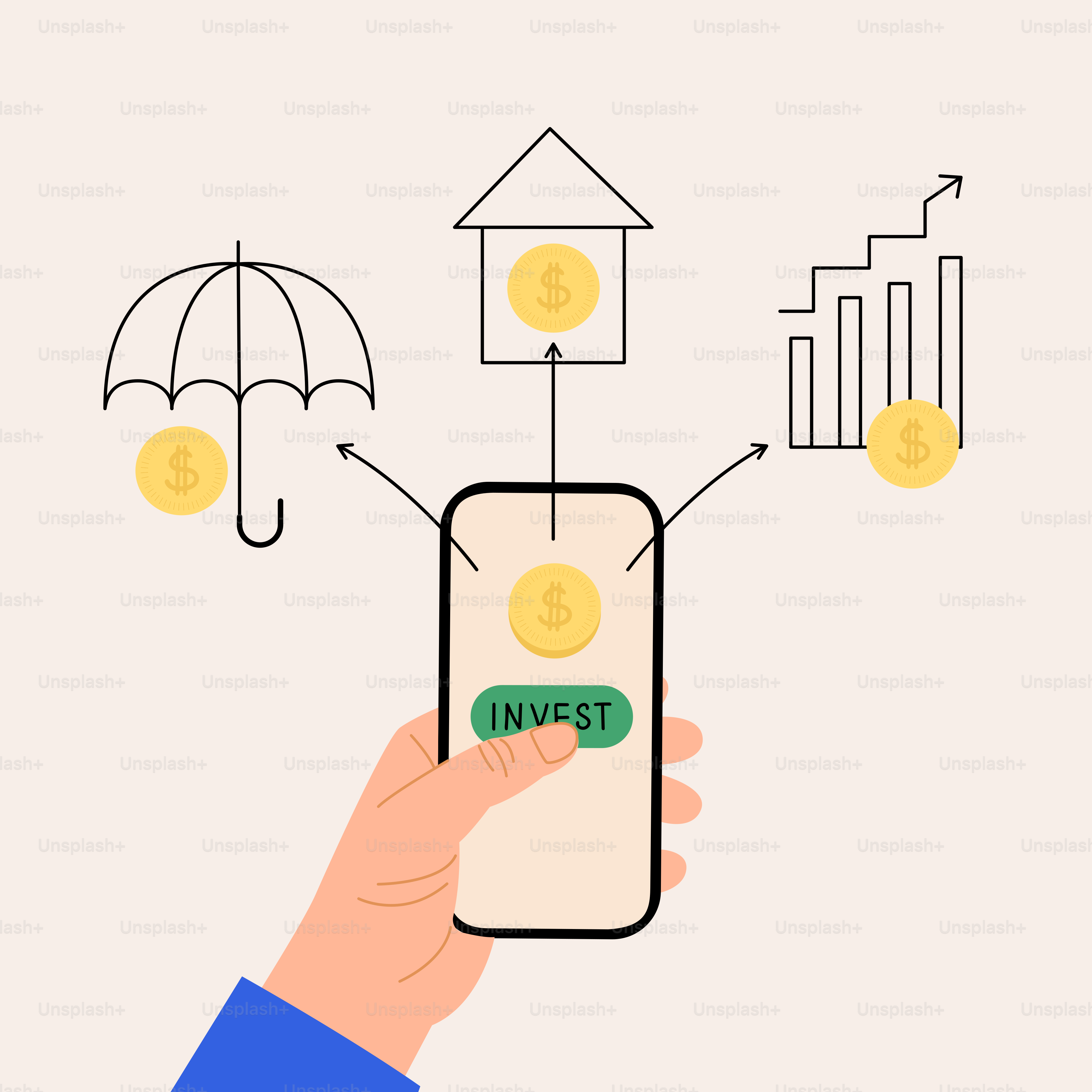 Telefono che si tiene per mano con opzioni di investimento visualizzate
